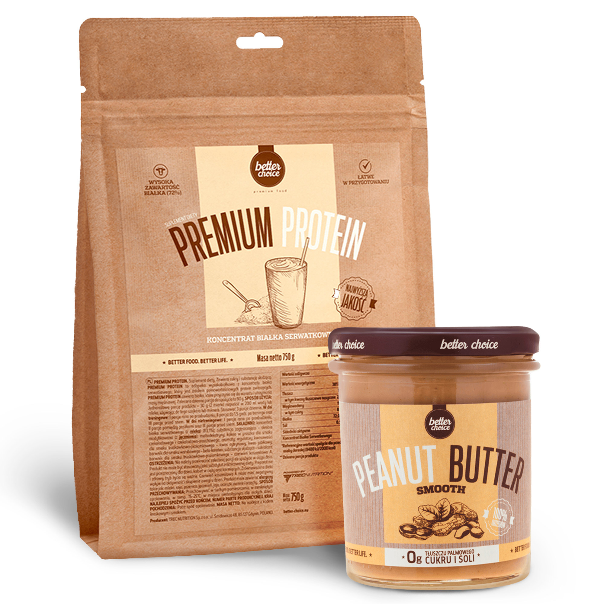 Brązowa torba z koncentratem białka serwatkowego obok słoika gładkiego masła orzechowego marki Better Choice na białym tle.