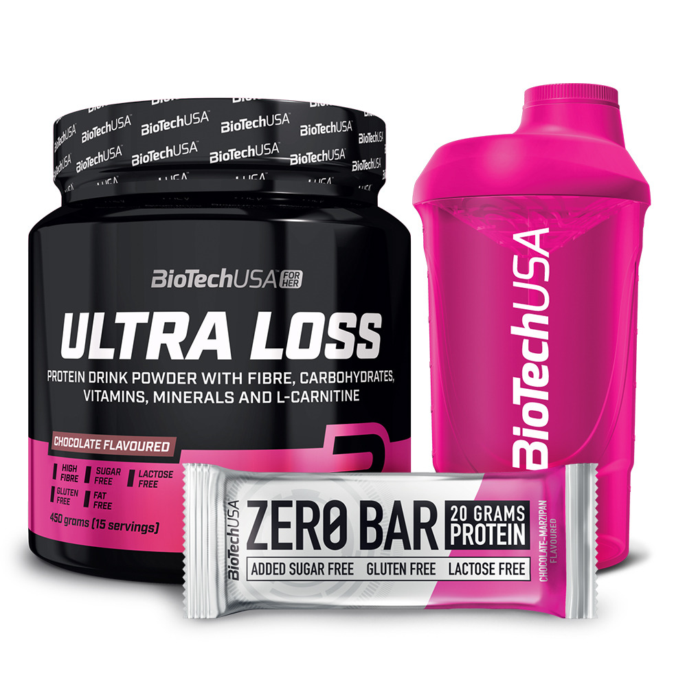 Zestaw suplementów diety BioTechUSA: pudełko Ultra Loss o smaku czekoladowym, różowy shaker i baton Zero Bar o smaku czekoladowo-marcepanowym, na białym tle.