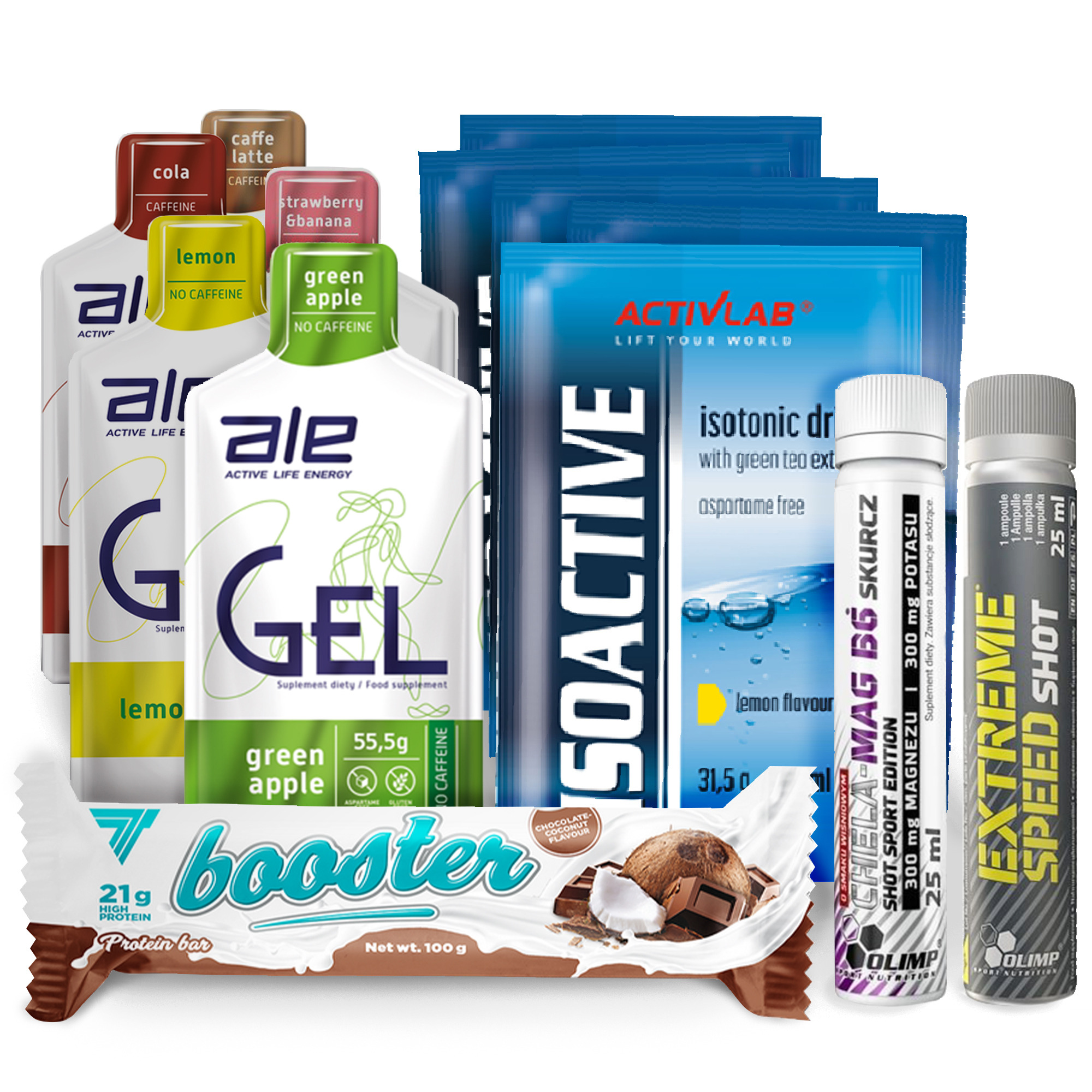 Zestaw suplementów diety i odżywek dla sportowców: żele energetyczne o różnych smakach, baton proteinowy z kokosem i czekoladą, napój izotoniczny w saszetce oraz shoty z magnezem i potasem.