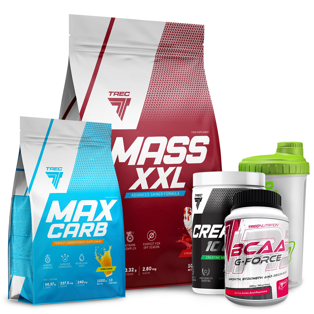 Zestaw suplementów diety marki Trec Nutrition: białko Mass XXL, węglowodany Max Carb, kreatyna Crea 10 i BCAA G-Force, wraz z shakerem.