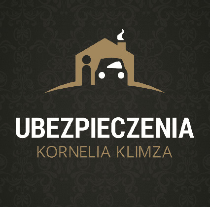 Logo firmy ubezpieczeniowej Kornelia Klimza, przedstawiające stylizowany dom z kominem, sylwetkę człowieka i samochodu, na tle w ciemne ornamenty.