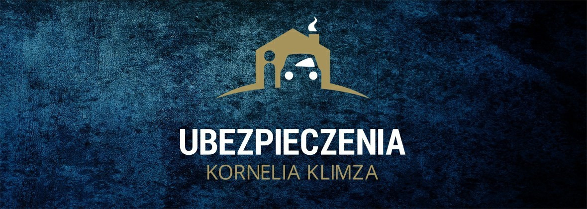 Logo firmy ubezpieczeniowej Kornelia Klimza: stylizowany dom z dymiącym kominem, sylwetką osoby i samochodu wewnątrz, na ciemnym, teksturowanym tle.