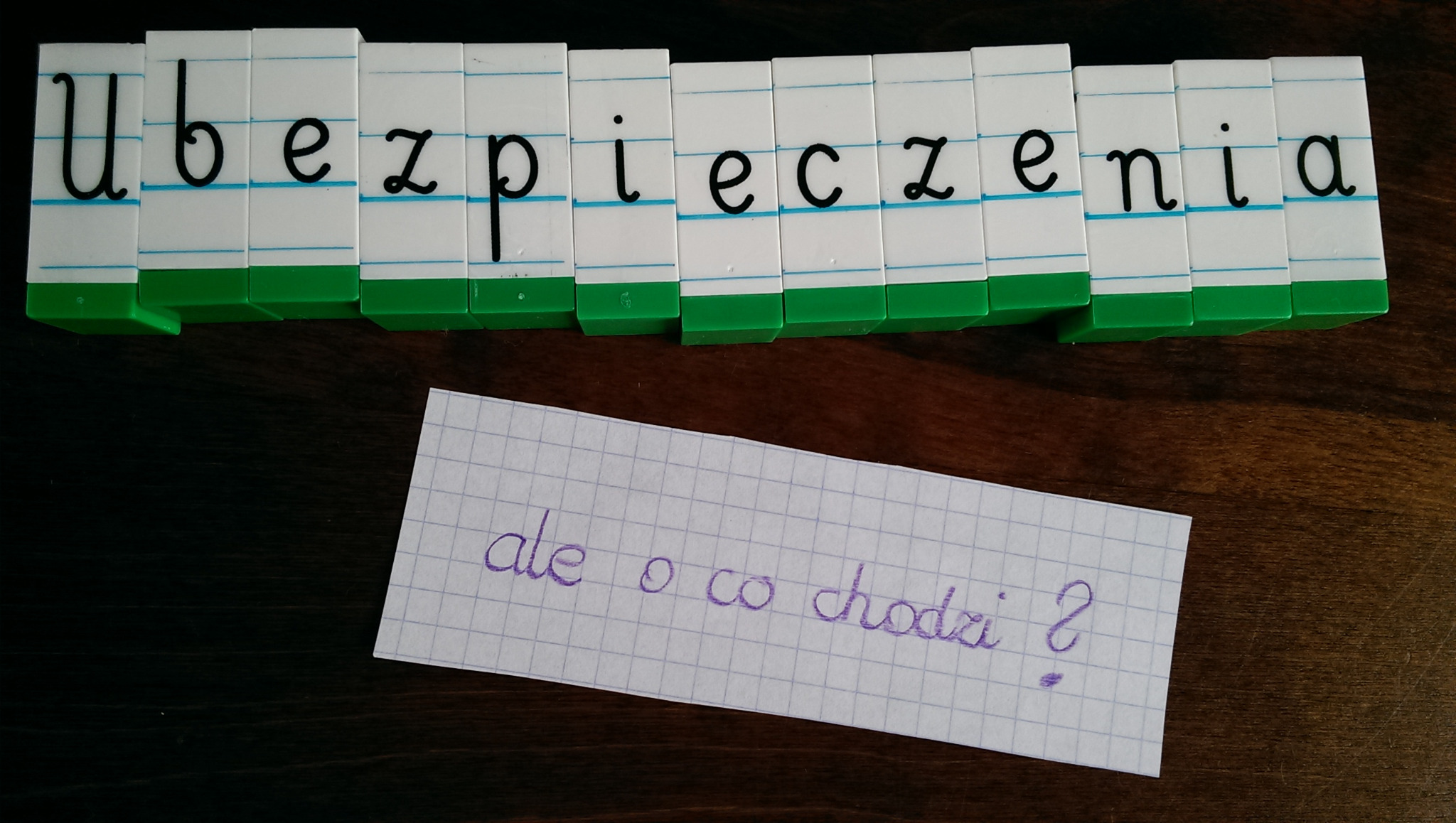 Napis 'Ubezpieczenia' ułożony z klocków na biurku obok kartki z pytaniem 'ale o co chodzi?'