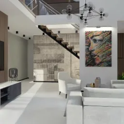 Jasny salon z drewnianą ścianą TV, kominkiem z zapasem drewna, schodami i abstrakcyjnym obrazem na ścianie, oświetlony nowoczesnym żyrandolem.