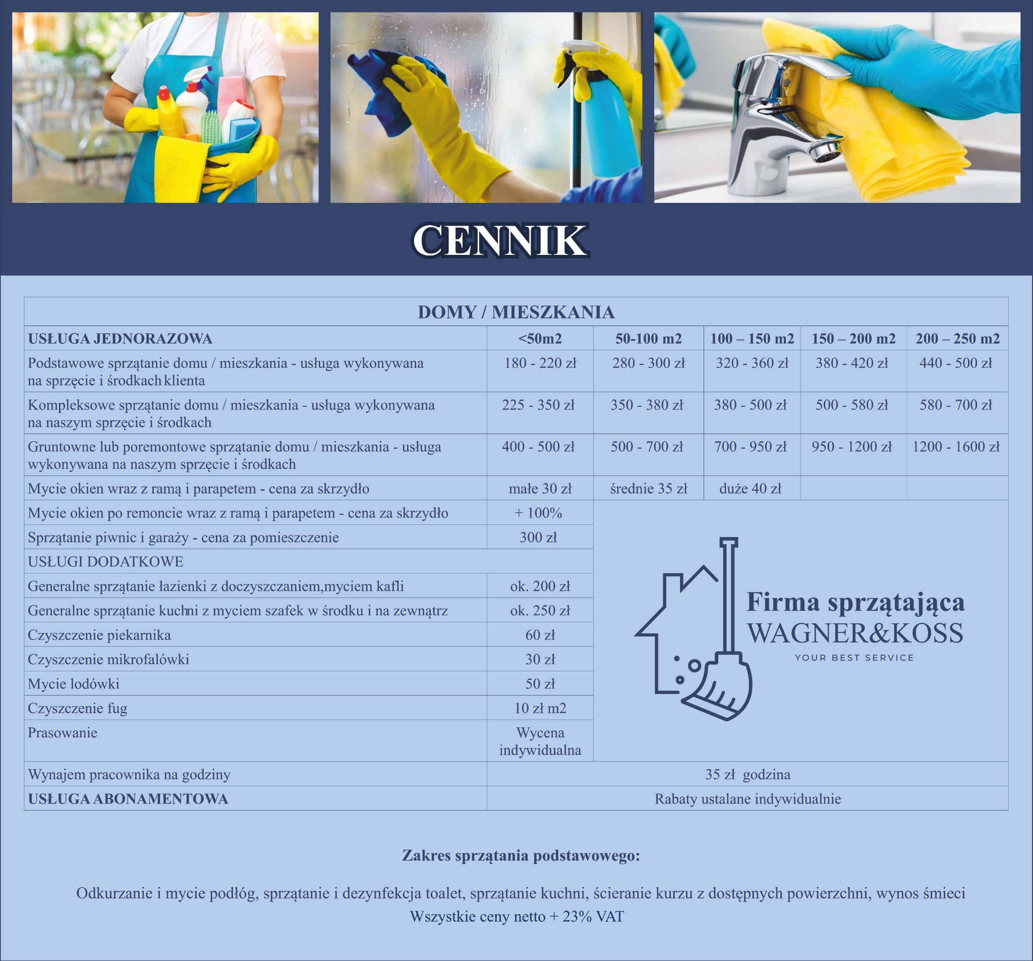 Cennik usług sprzątania domów i mieszkań, obejmujący podstawowe i kompleksowe sprzątanie, mycie okien, sprzątanie po remoncie, sprzątanie piwnic i garaży, sprzątanie łazienek i kuchni, czyszczenie...