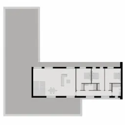 Schematyczny rzut poziomy domu jednorodzinnego z tarasem, prezentujący układ pomieszczeń, schody, umeblowanie salonu, jadalni, sypialni i łazienek.