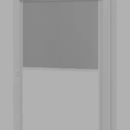 Szara roleta wewnętrzna zamontowana w oknie z PCV. Roleta częściowo opuszczona, widoczny mechanizm zwijania. Stonowana kolorystyka, minimalistyczny design.