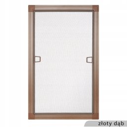 F.M CORP. SPÓŁKA Z OGRANICZONĄ ODPOWIEDZIALNOŚCIĄ - Moskitiera okienna w ramie imitującej złoty dąb, z dwoma uchwytami, prezentowana na jednolitym tle. Siatka widoczna przez oczka ramy.