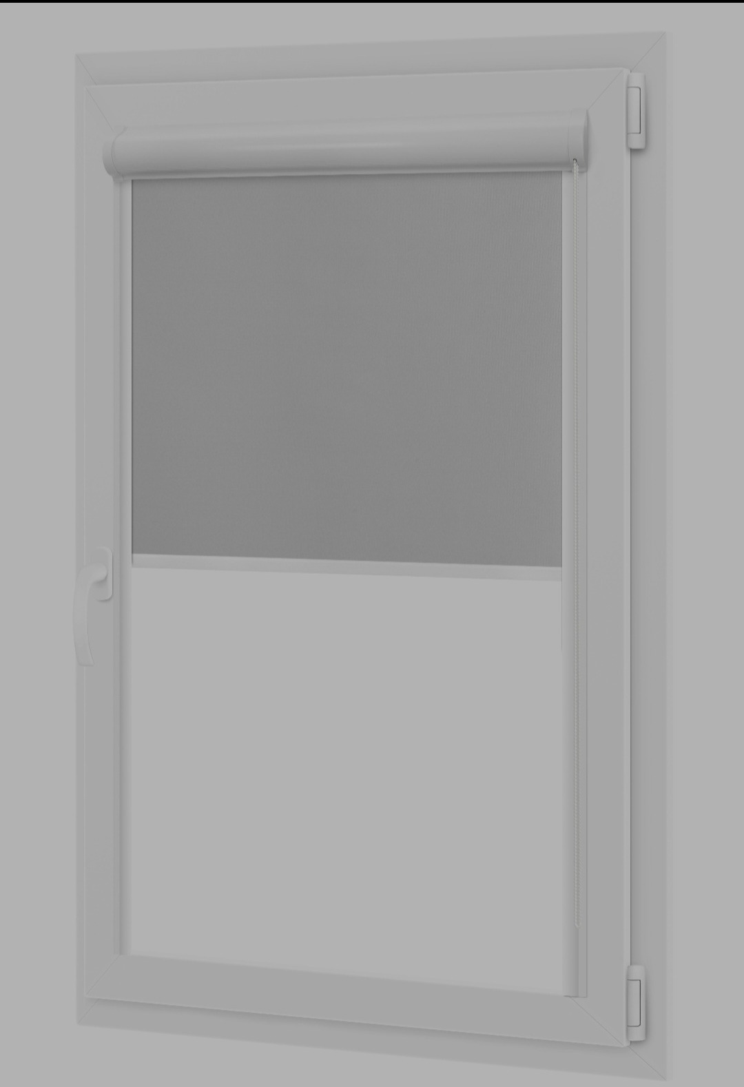 Szara roleta wewnętrzna zamontowana w oknie z PCV. Roleta częściowo opuszczona, widoczny mechanizm zwijania. Stonowana kolorystyka, minimalistyczny design.