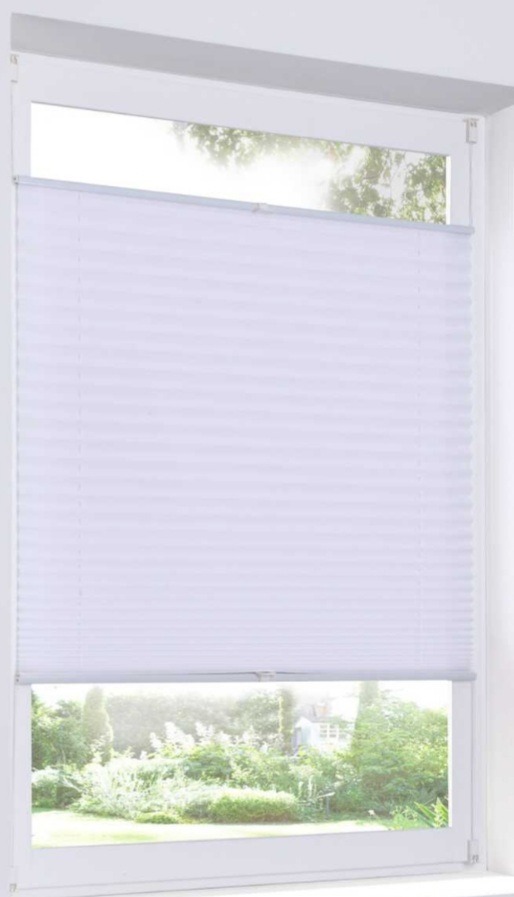 Biała, plisowana roleta okienna w częściowo zasłoniętym oknie z widokiem na zieleń ogrodu. Drobne plisy, delikatne światło dzienne.
