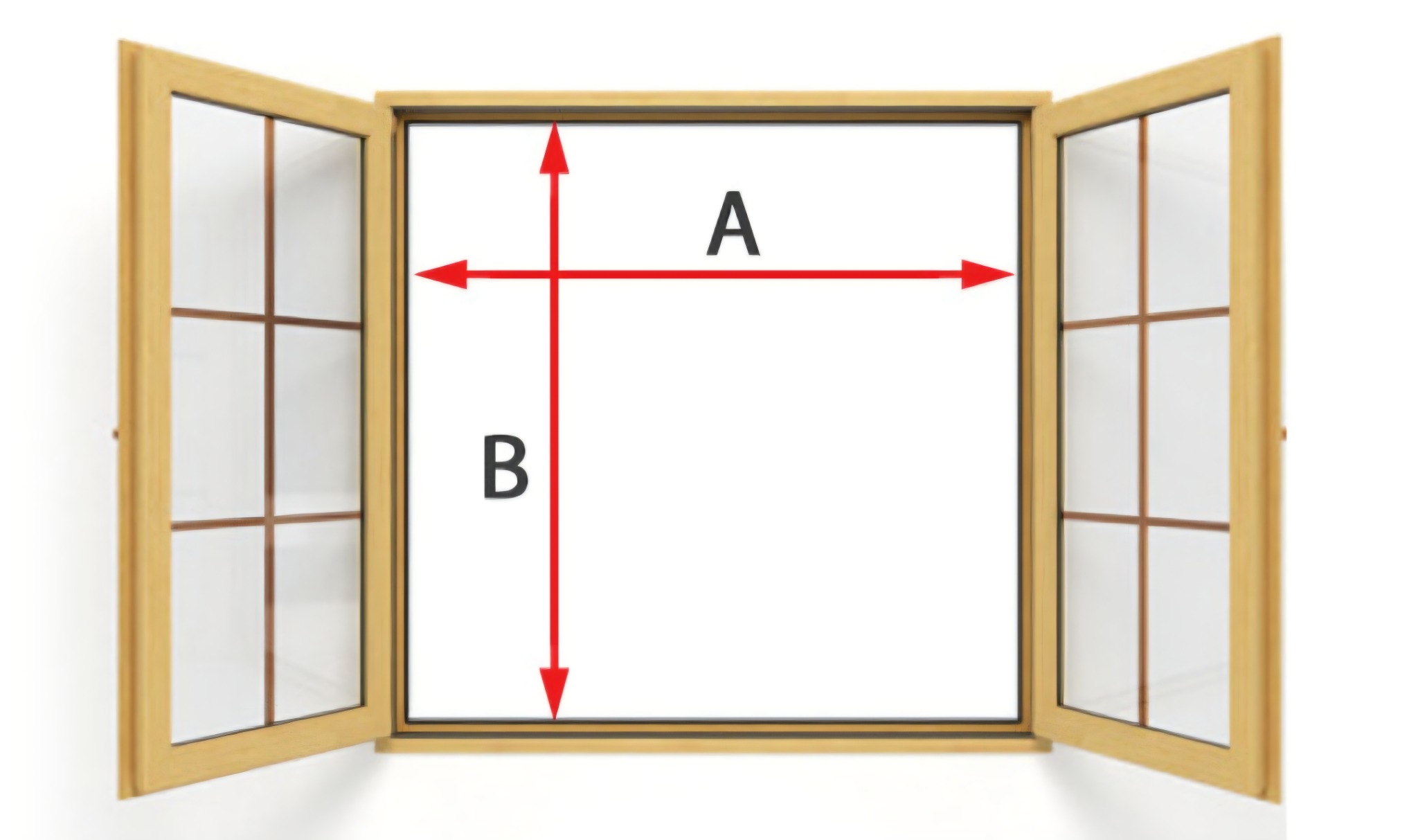 Otwarty drewniany profil okienny z czerwoną adnotacją wymiarów A i B na białym tle, prezentujący parametry okna.