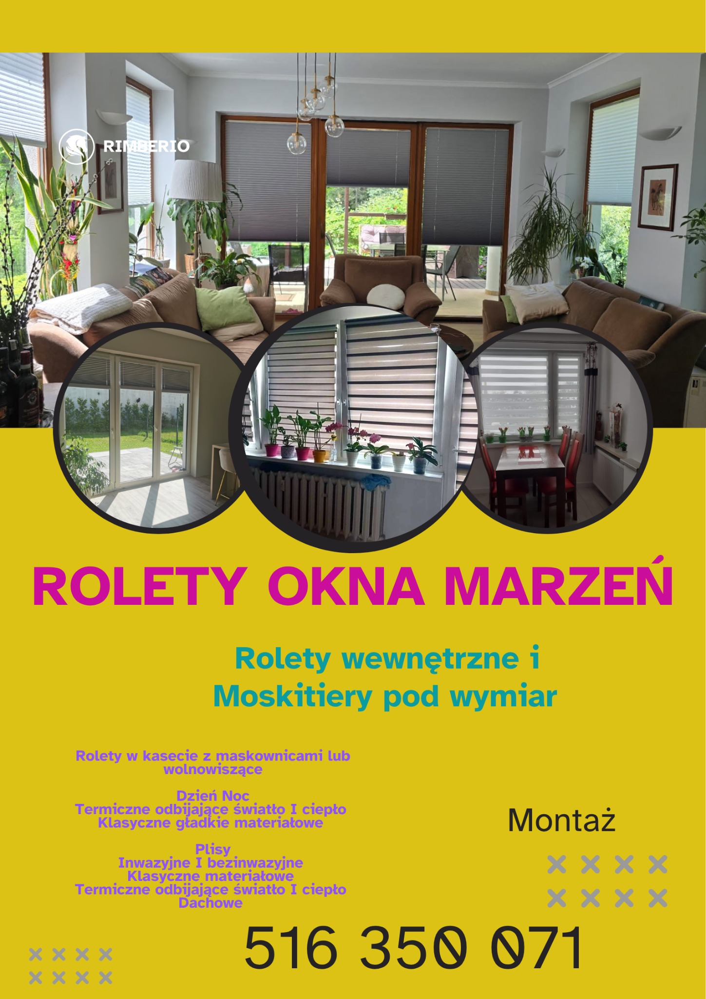 Salon z plisami w oknach, roletami dzień noc i moskitierami. Okna przesuwne z widokiem na ogród. Kompozycja z trzech okrągłych ujęć na żółtym tle reklamowym.