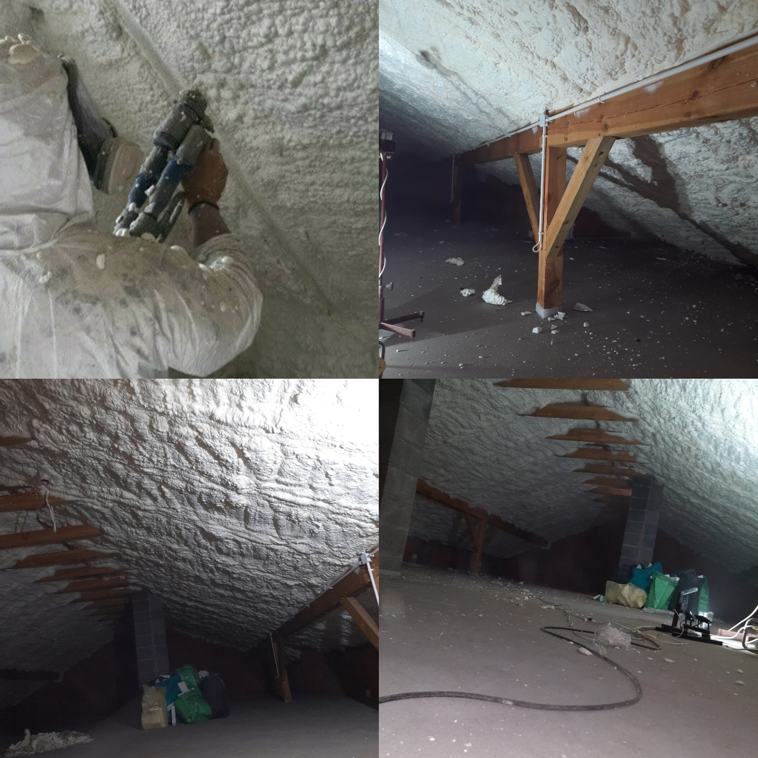 Czteropanelowe ujęcie poddasza: aplikacja pianki w trakcie pracy, surowe drewniane krokwie, nierówna powierzchnia pokryta pianką, widoczne worki i przewody.