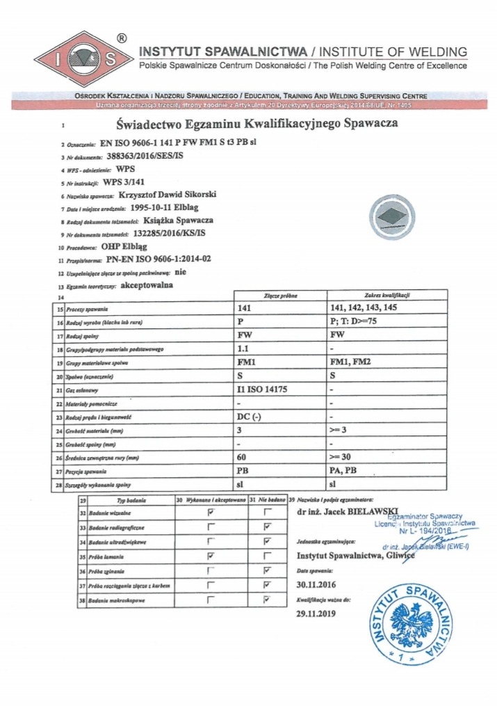 Skan świadectwa egzaminu kwalifikacyjnego spawacza, wydanego przez Instytut Spawalnictwa w Gliwicach, z danymi spawacza Krzysztofa Dawida Sikorskiego oraz zakresem kwalifikacji i wynikami badań.
