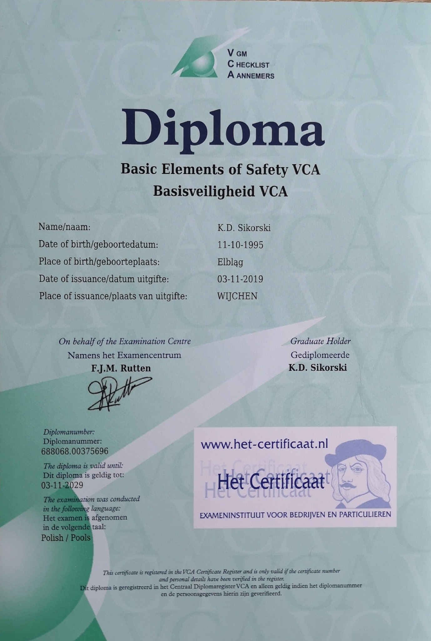 Skan dyplomu VCA Basic Elements of Safety, wydanego dla K.D. Sikorskiego, z datą ważności do 03-11-2029, w języku polskim, z logo www.het-certificaat.nl.