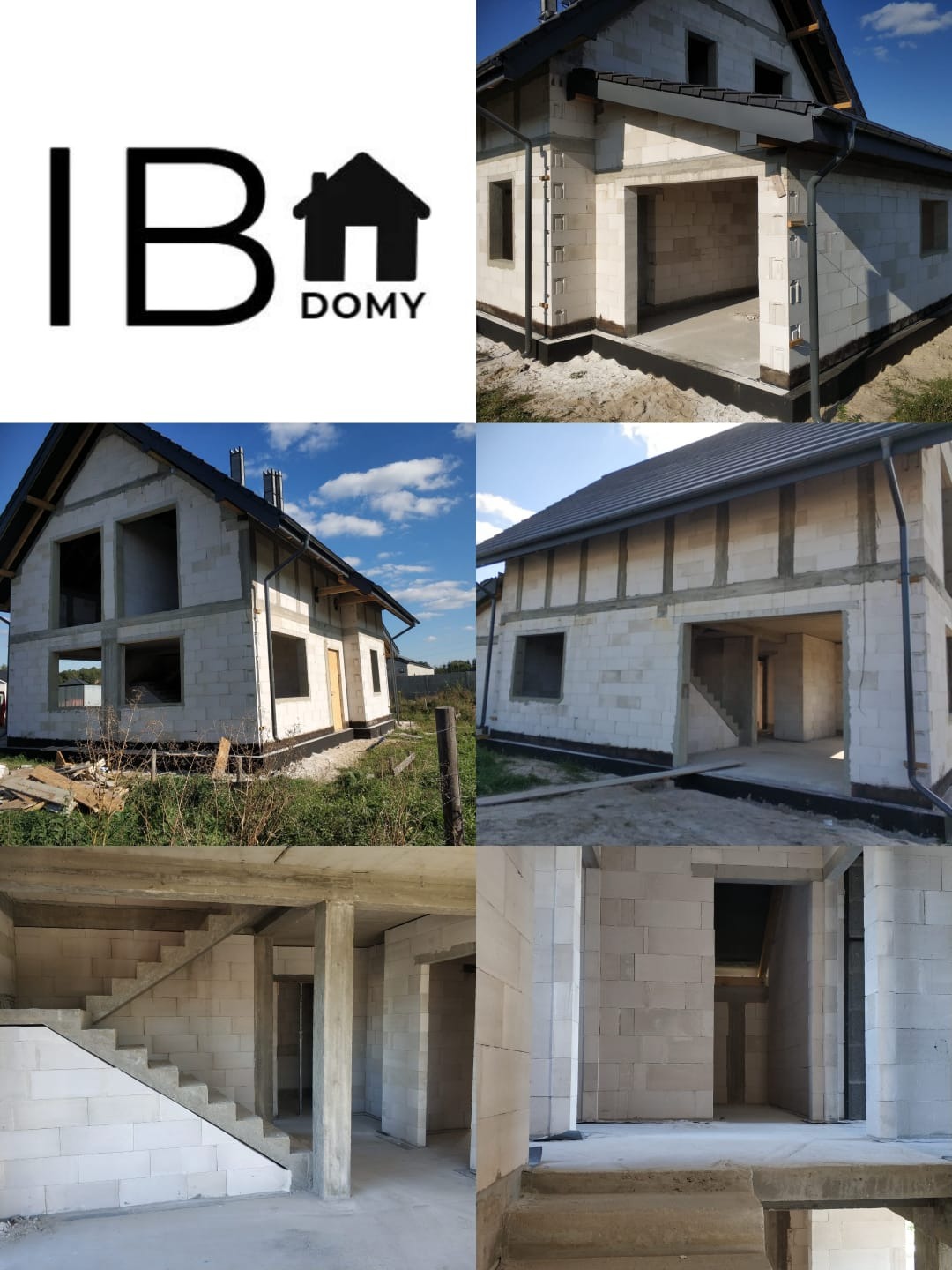 Montaż domu z białych bloczków, widoczne ściany, okna, dach i schody. Na górze logo firmy.
