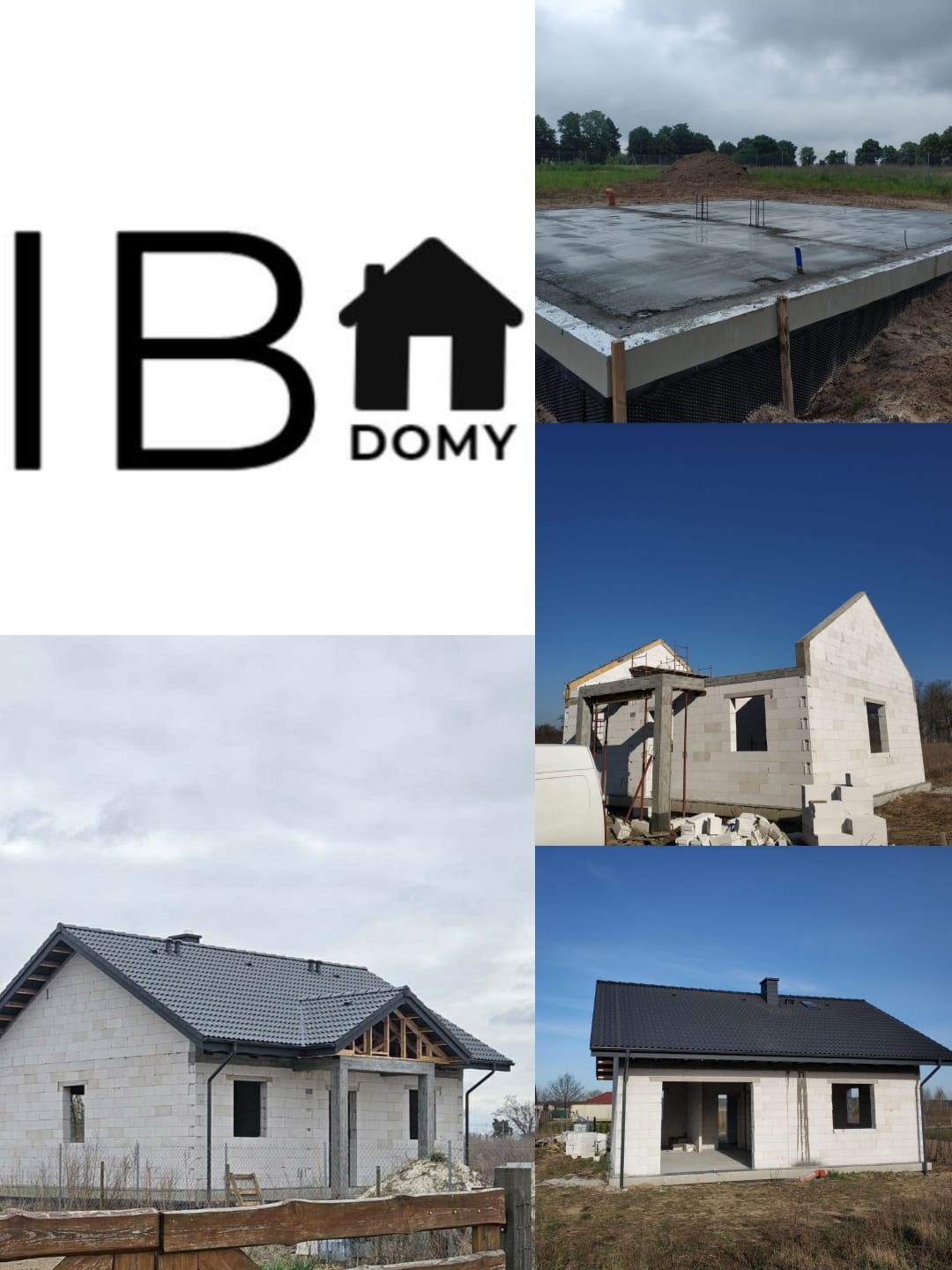 Montaż domu krok po kroku: fundamenty, ściany z pustaków, dach z czarną dachówką. Etapy budowy domu w kolażu, od wylanych fundamentów po stan surowy zamknięty.