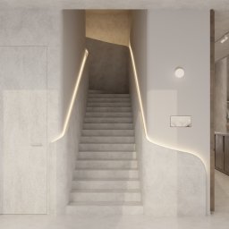 Eco Klima Mateusz Lipiński - Minimalistyczne schody z podświetleniem LED w nowoczesnym wnętrzu. Jasne, stonowane kolory, gładkie powierzchnie, drzwi zlicowane ze ścianą. Subtelne oświetlenie.