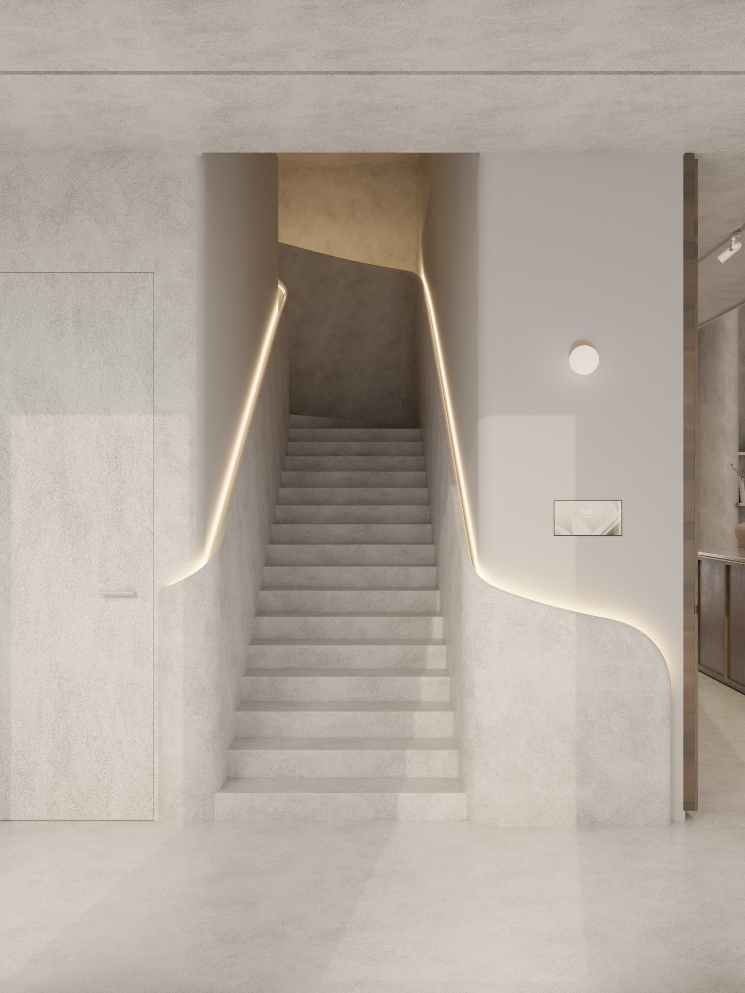 Minimalistyczne schody z podświetleniem LED w nowoczesnym wnętrzu. Jasne, stonowane kolory, gładkie powierzchnie, drzwi zlicowane ze ścianą. Subtelne oświetlenie.