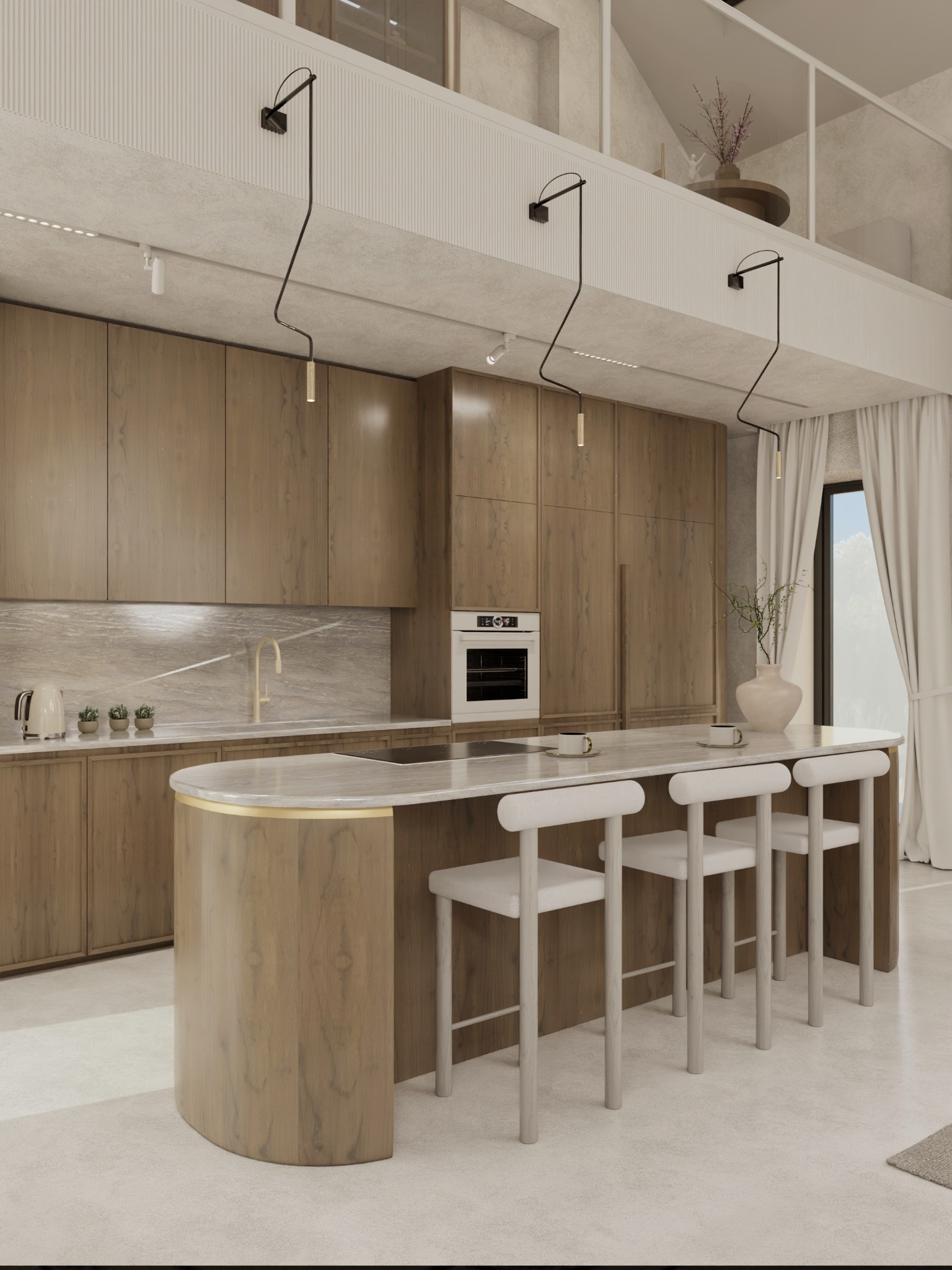 Nowoczesna aranżacja kuchni w Bielawie: drewniane szafki, marmurowy blat wyspy z hokerami, designerskie lampy wiszące i jasne, przestronne wnętrze.