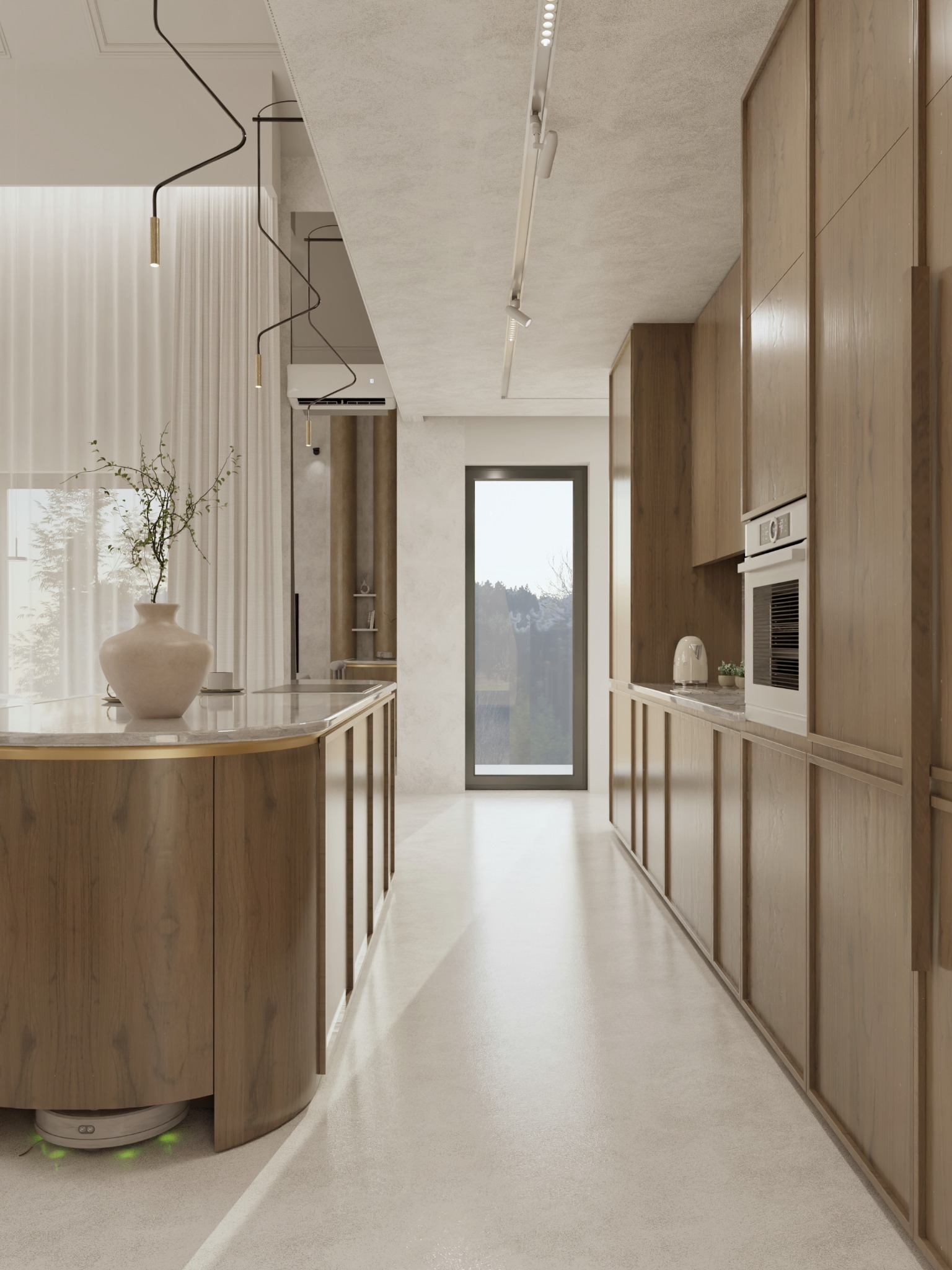 Nowoczesna kuchnia w beżach: drewniane szafki, wyspa z marmurowym blatem i wazonem, robot sprzątający przy podłodze. Minimalistyczny design z oknem na zieleń.