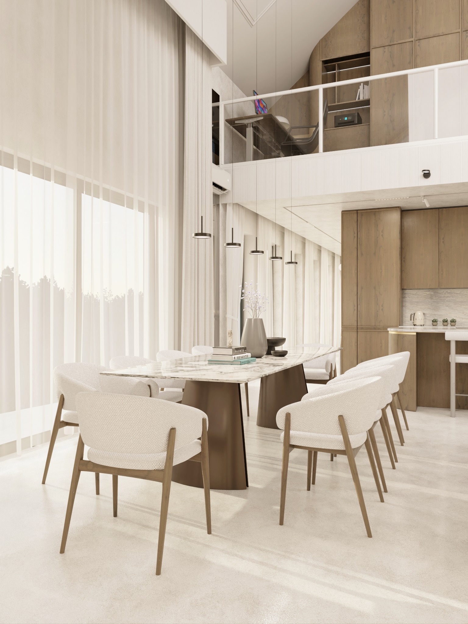 Jasne, przestronne wnętrze z wysokimi oknami i białymi zasłonami. Marmurowy stół z krzesłami w stylu skandynawskim. Widoczna antresola i zabudowa kuchenna w drewnie.