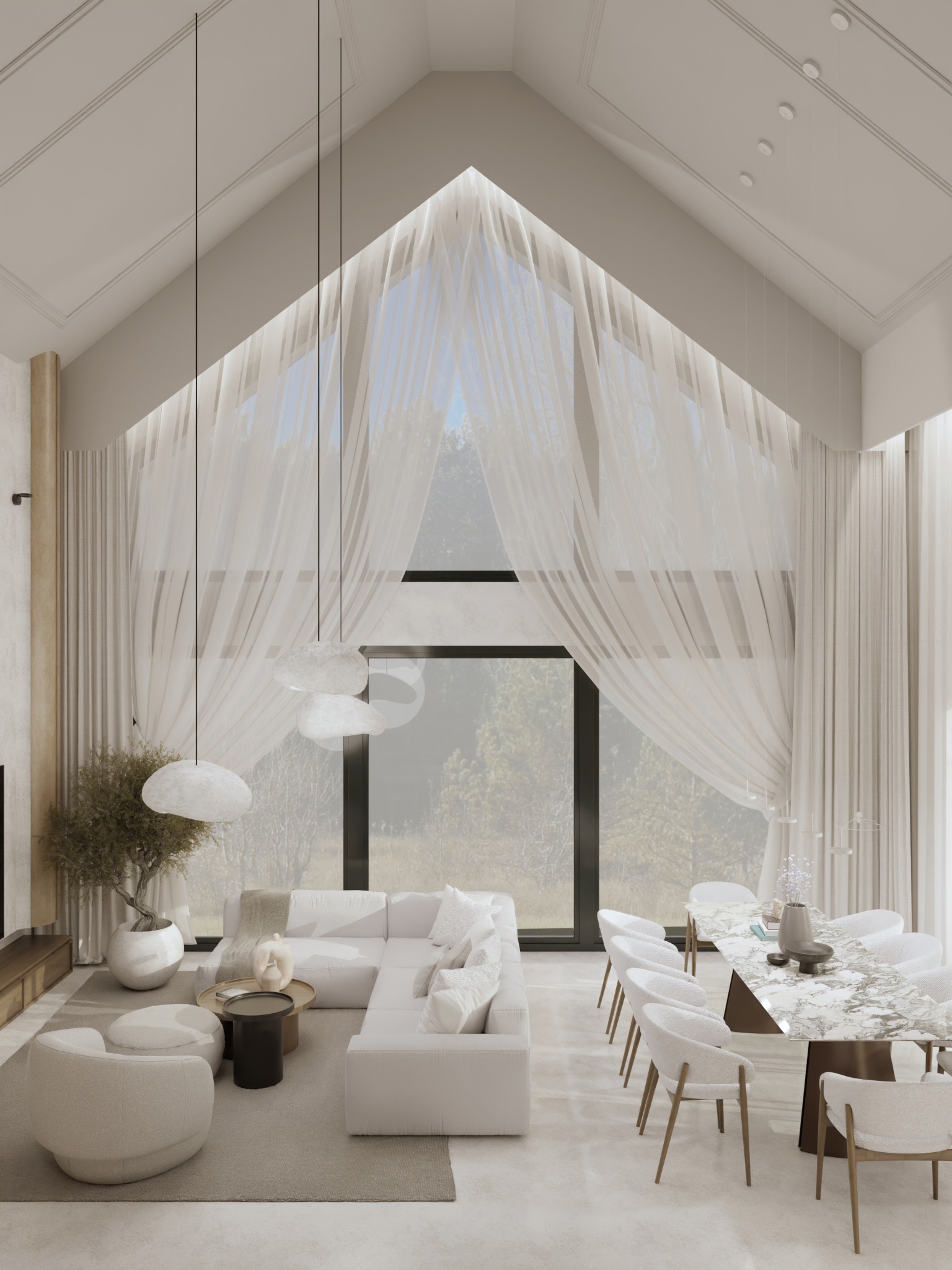 Jasne, przestronne wnętrze z wysokim sufitem i dużym oknem, z nowoczesnym białym narożnikiem i marmurowym stołem jadalnym. Delikatne zasłony i minimalistyczne lampy.
