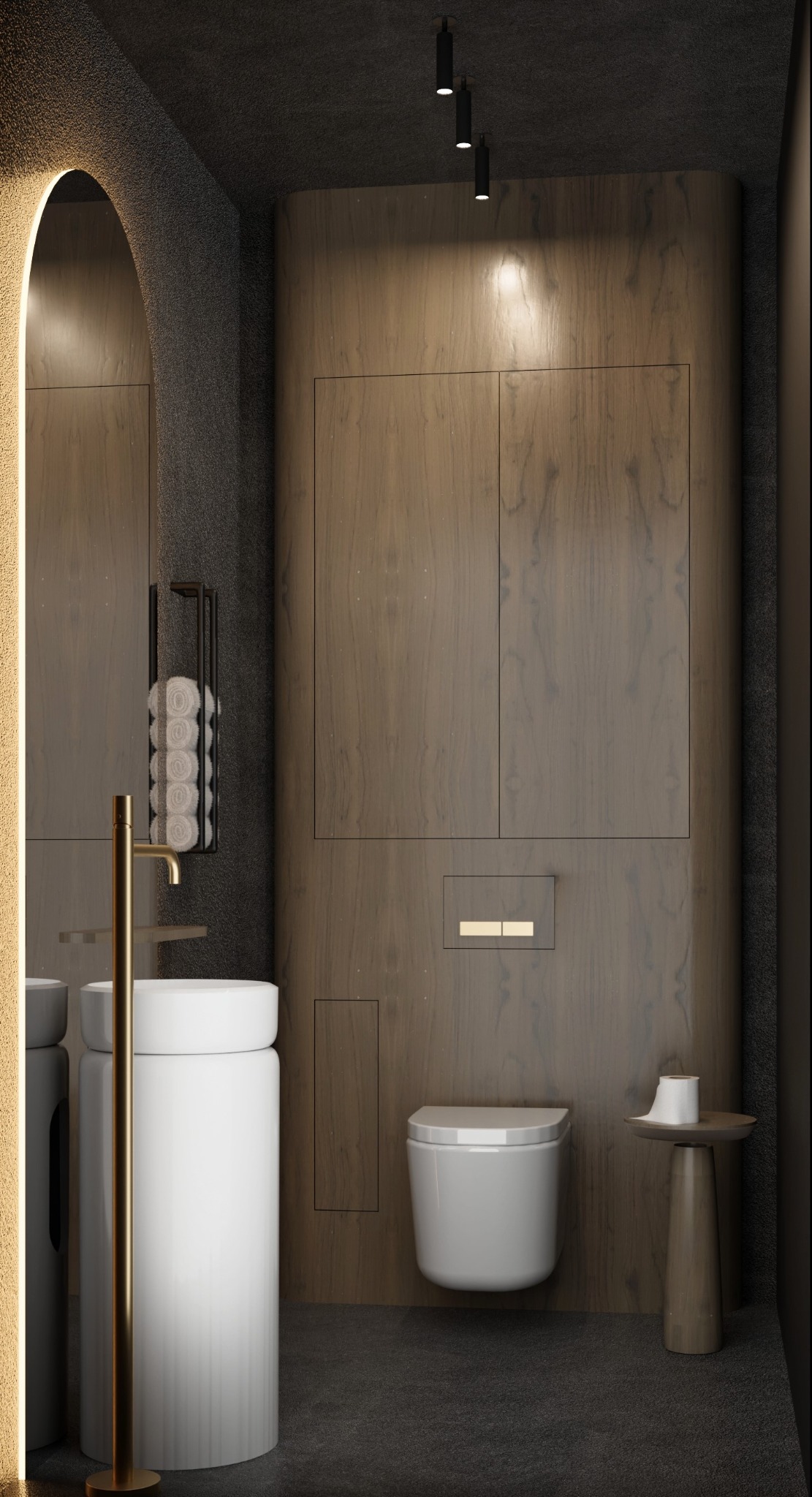 Nowoczesna łazienka z umywalką na postumencie, toaletą podwieszaną i podświetlanym lustrem w kształcie łuku. Minimalistyczny design z drewnianym wykończeniem.