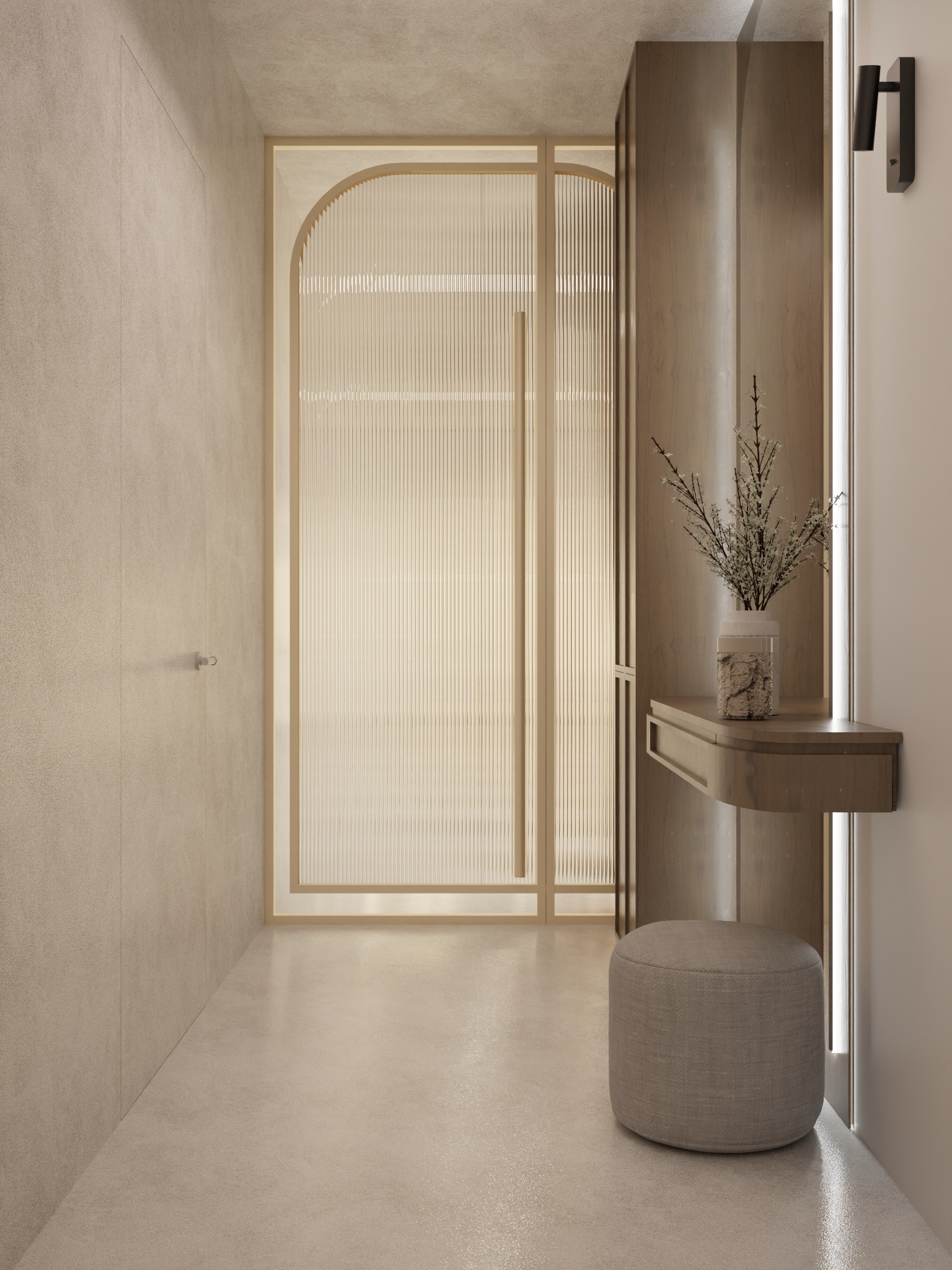 Beżowe wnętrze: przeszklona ściana z łukiem, drewniana szafa z półką, pufa. Minimalistyczny design, ciepłe światło, subtelna elegancja.