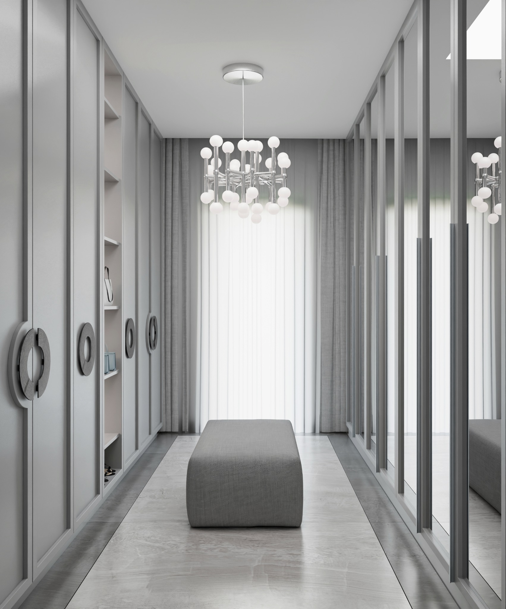 Nowoczesna garderoba w odcieniach szarości z lustrami, oświetleniem punktowym i pufą na środku. Minimalistyczny design, eleganckie wykończenie.