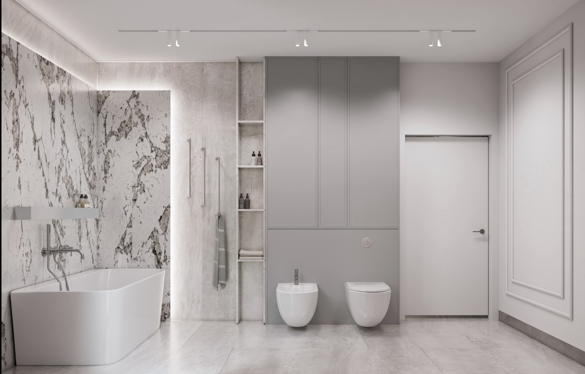 Elegancka łazienka w odcieniach szarości i bieli. Marmurowe płytki, nowoczesna wanna, bidet, toaleta i szafki tworzą spójną, minimalistyczną przestrzeń.