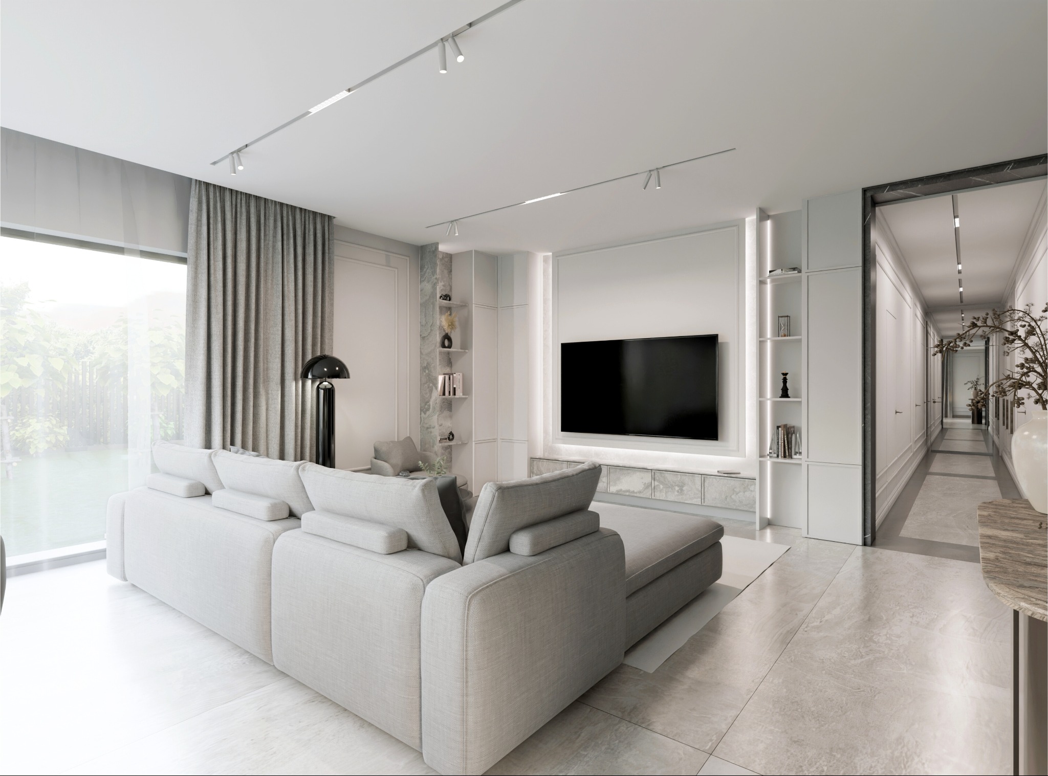 Jasne, przestronne wnętrze salonu z narożną sofą, telewizorem i oświetleniem LED. W tle widoczne okno z zasłonami i korytarz.