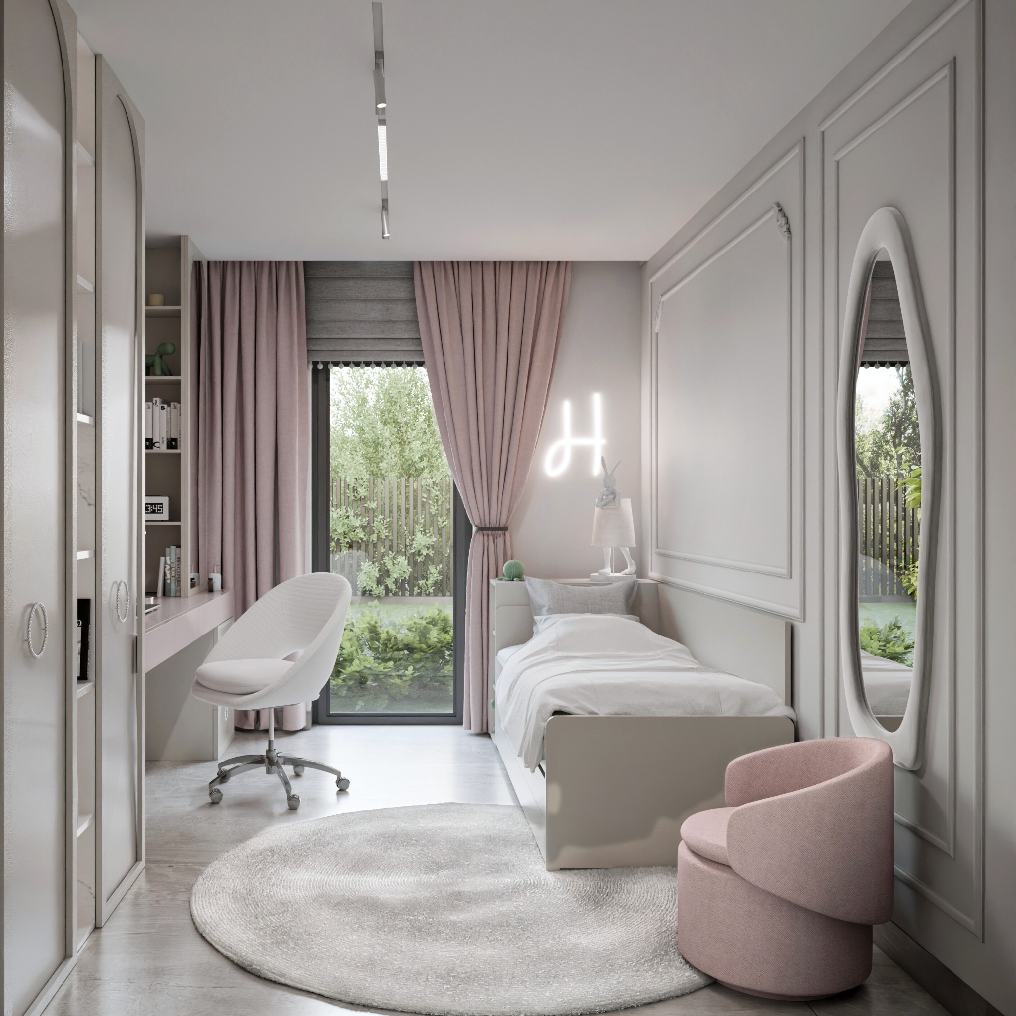 Pokój dziecięcy w pastelowych barwach: białe meble, różowe zasłony i neonowy napis 'H'. Widok na ogród przez okno. Nowoczesny design z elementami klasycznymi.