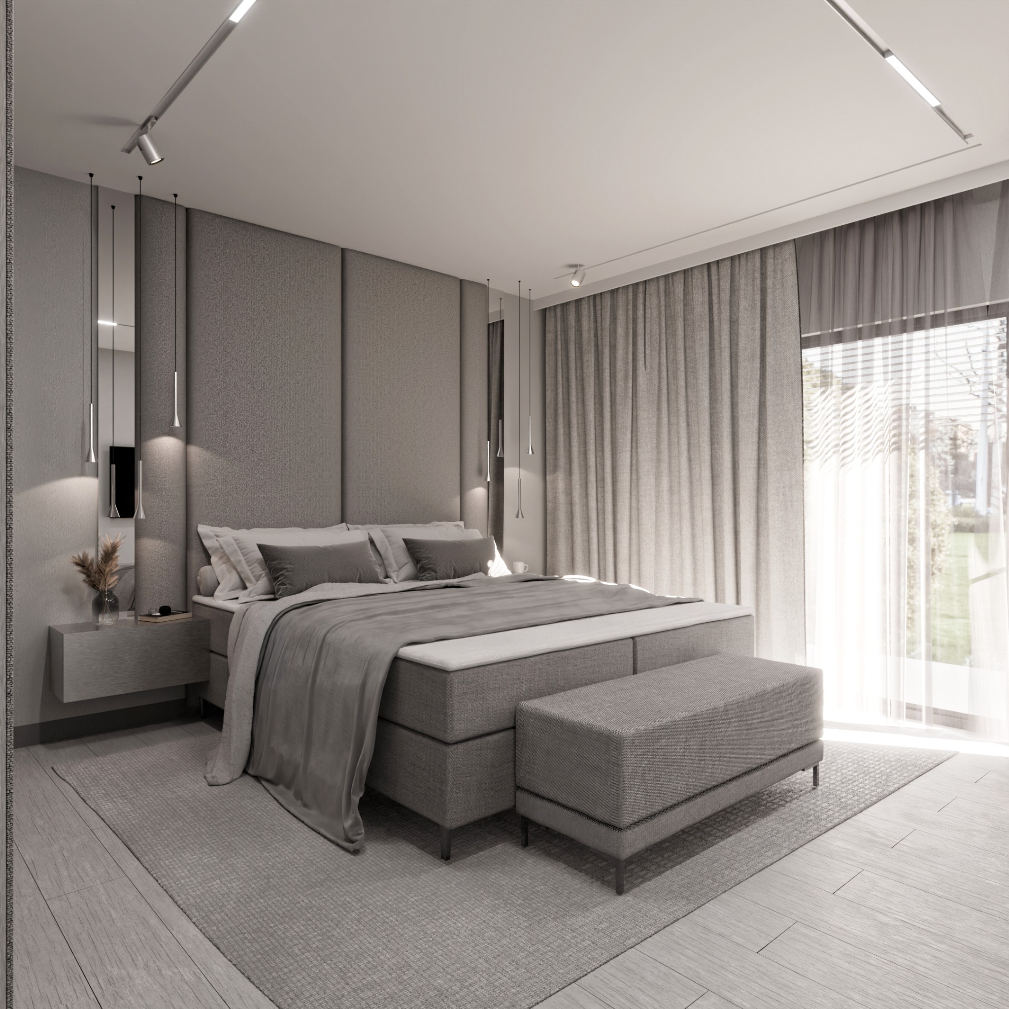 Neutralna sypialnia w odcieniach szarości z łóżkiem kontynentalnym, tapicerowanym wezgłowiem i oknem z widokiem na zieleń. Minimalistyczne oświetlenie punktowe.