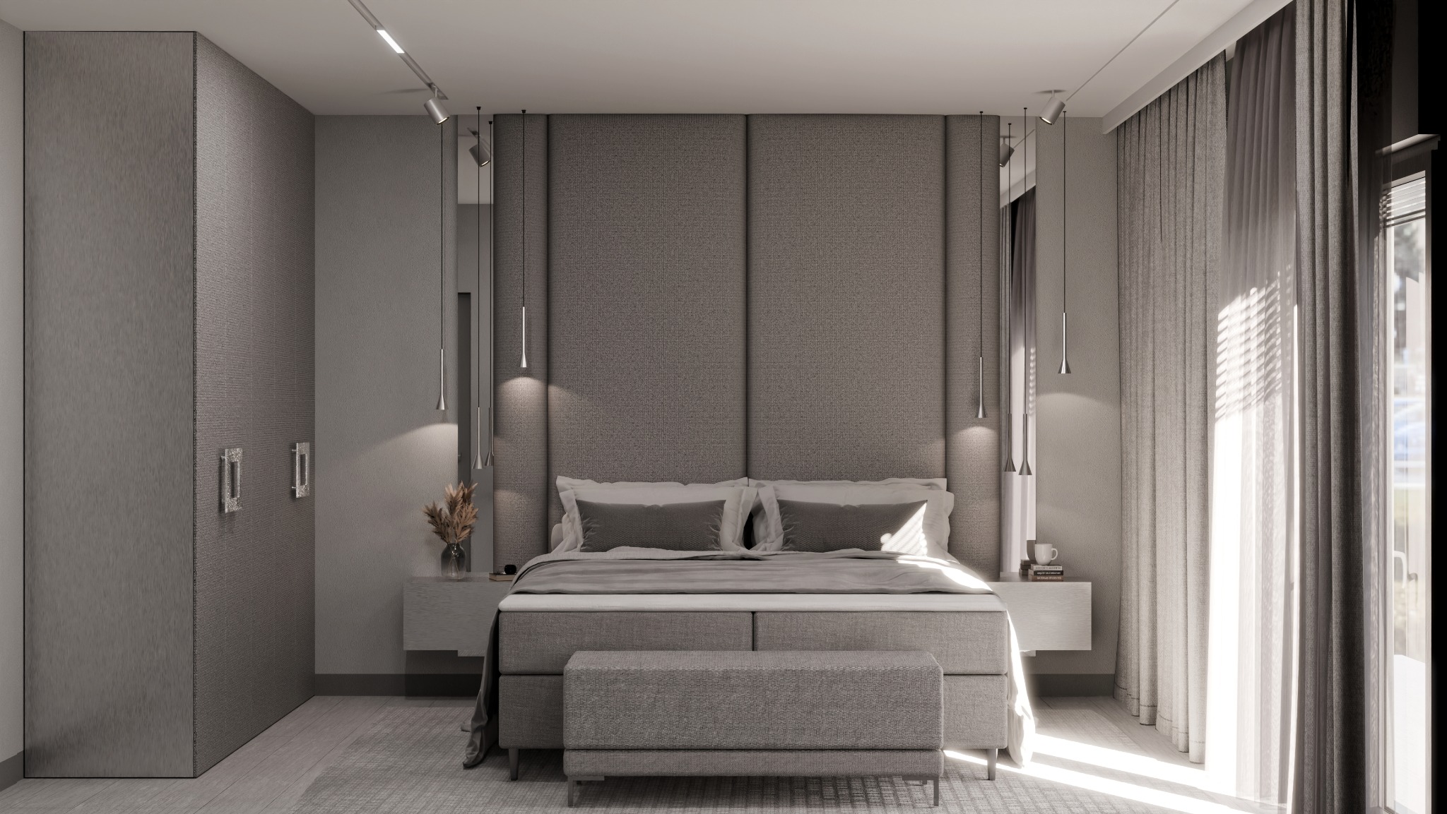 Elegancka sypialnia w odcieniach szarości: tapicerowane wezgłowie, minimalistyczne lampy wiszące, subtelne oświetlenie punktowe i tekstylia w tonacji. Nowoczesny design.