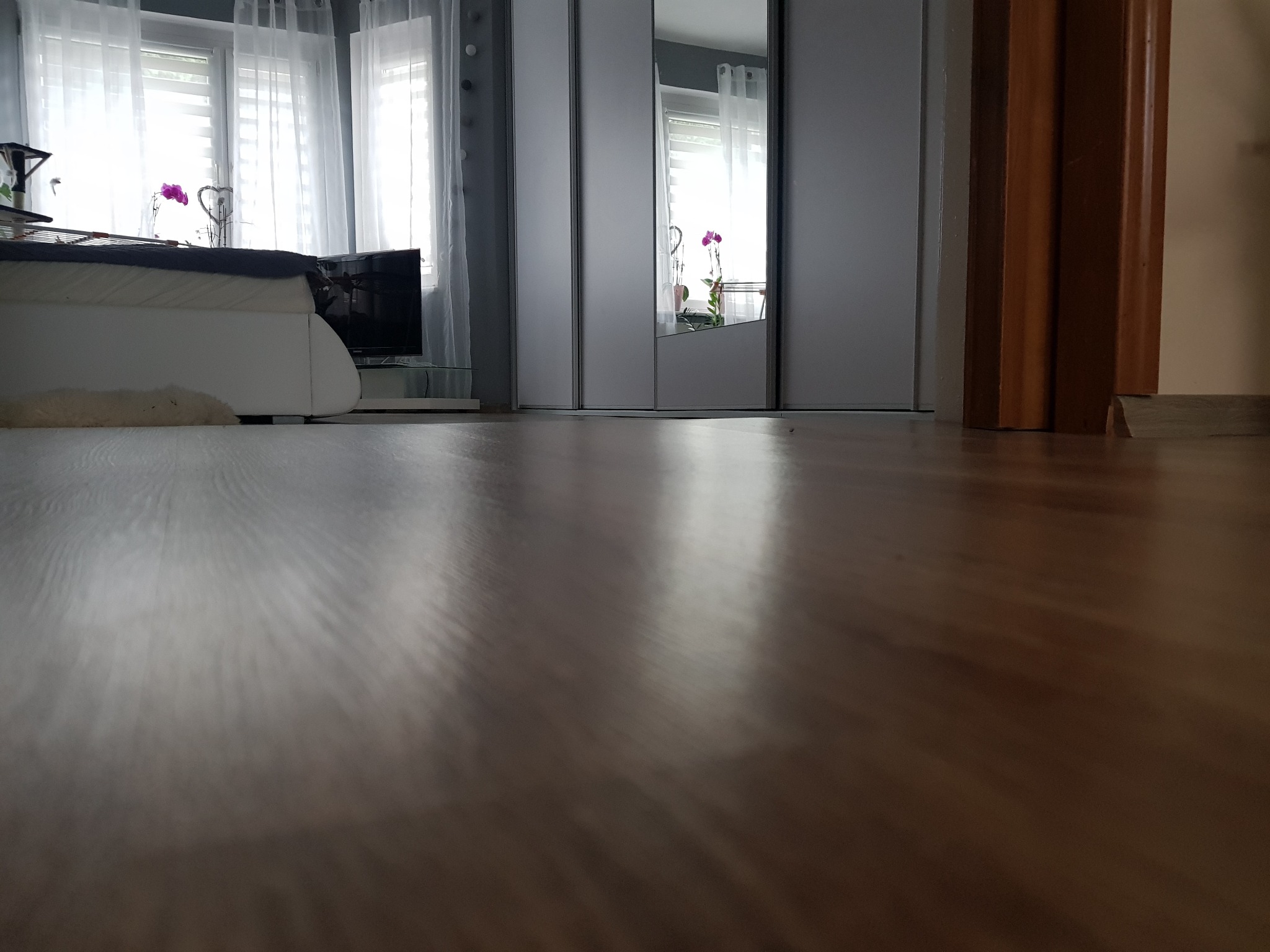 Błyszcząca, świeżo polakierowana podłoga parkietowa w sypialni z widocznym łóżkiem, szafą z lustrami i oknem z firanami. Kąt ujęcia z poziomu podłogi.