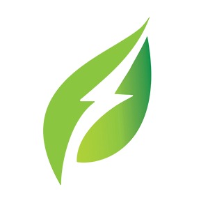 Stylizowany zielony liść z symbolem błyskawicy, reprezentujący energię odnawialną.