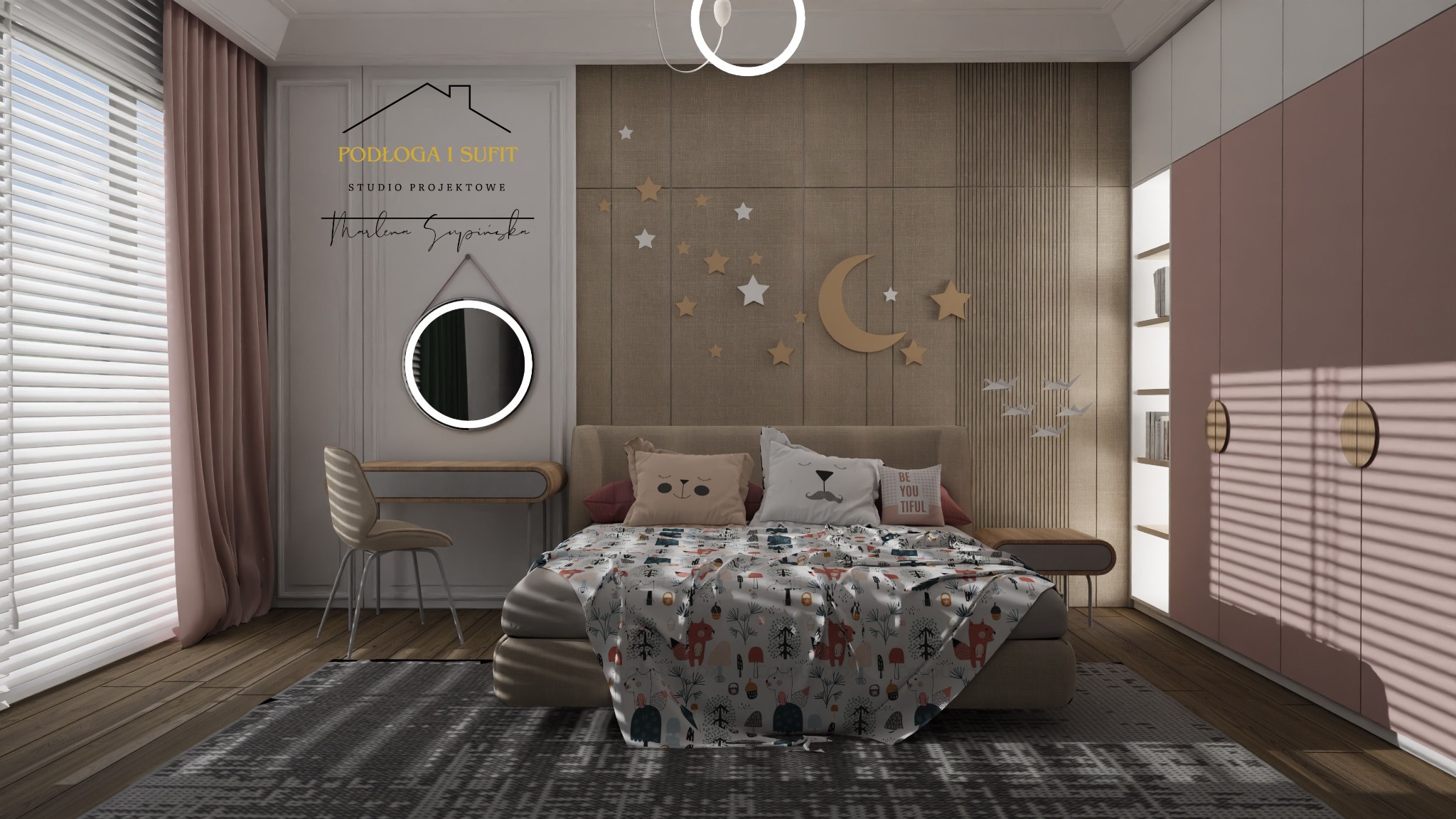 Pokój dziecięcy z łóżkiem, biurkiem i szafą w pastelowych kolorach, dekorowany gwiazdkami i księżycem, oświetlony lampą z okrągłym kloszem.