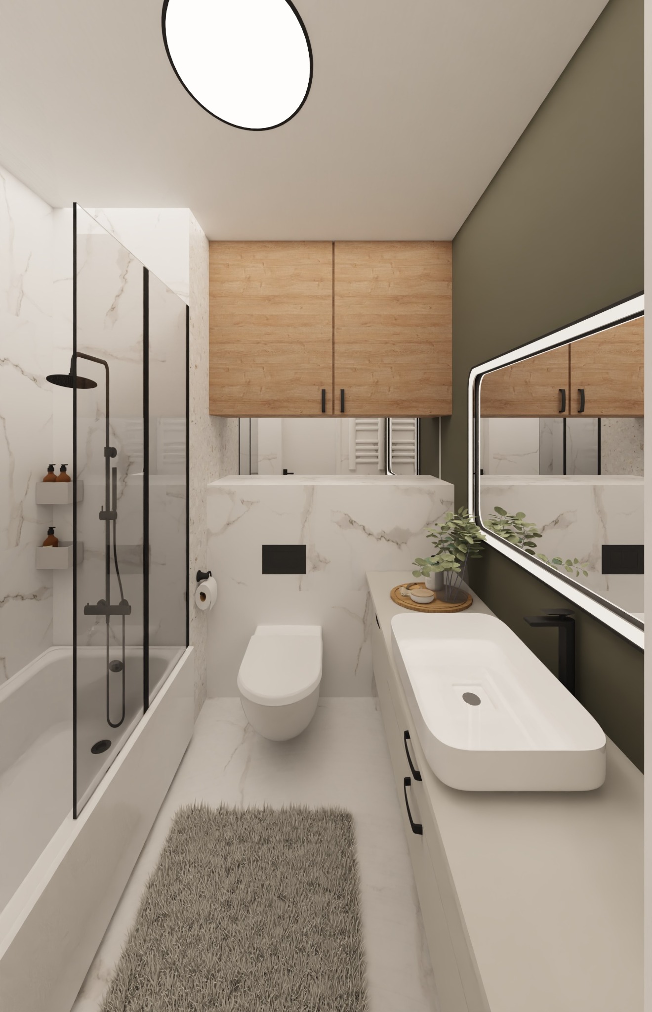 Wizualizacja nowoczesnej łazienki z marmurowymi ścianami, kabiną prysznicową typu walk-in z czarnymi ramami, podwieszaną toaletą, drewnianymi szafkami nad nią, umywalką nablatową z czarną baterią...