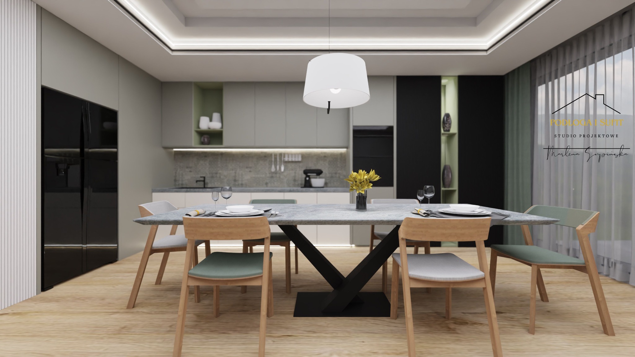 Wizualizacja jadalni z marmurowym stołem na czarnej, geometrycznej podstawie, drewnianymi krzesłami z szarymi i zielonymi siedziskami, kwiatami w wazonie na blacie, w tle kuchnia w odcieniach...