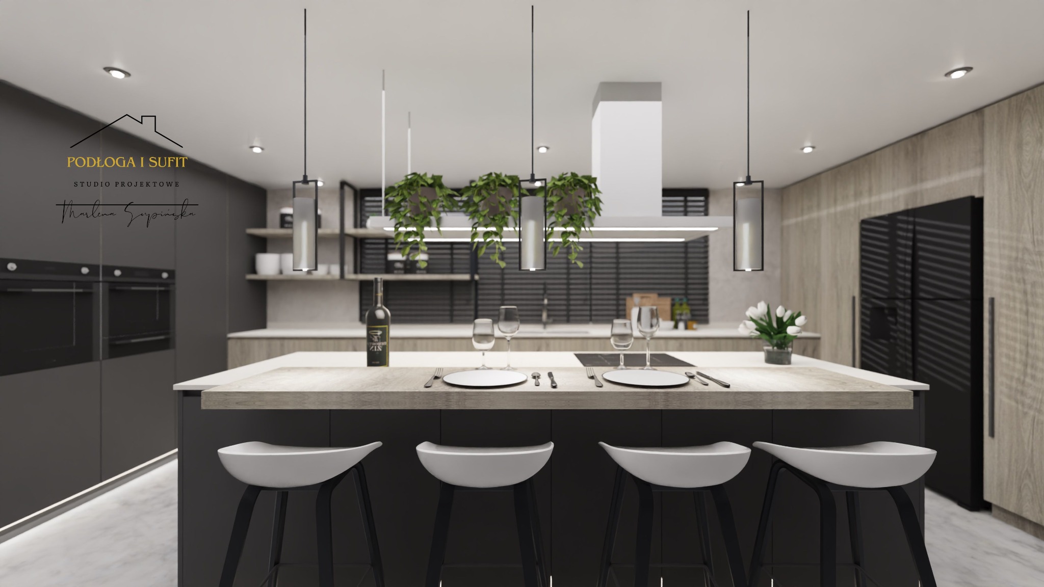Wizualizacja nowoczesnej kuchni z wyspą, czarne szafki, drewnopodobne wykończenia, białe hokery, wiszące lampy, roślinki nad wyspą, zastawa stołowa i butelka wina na blacie.