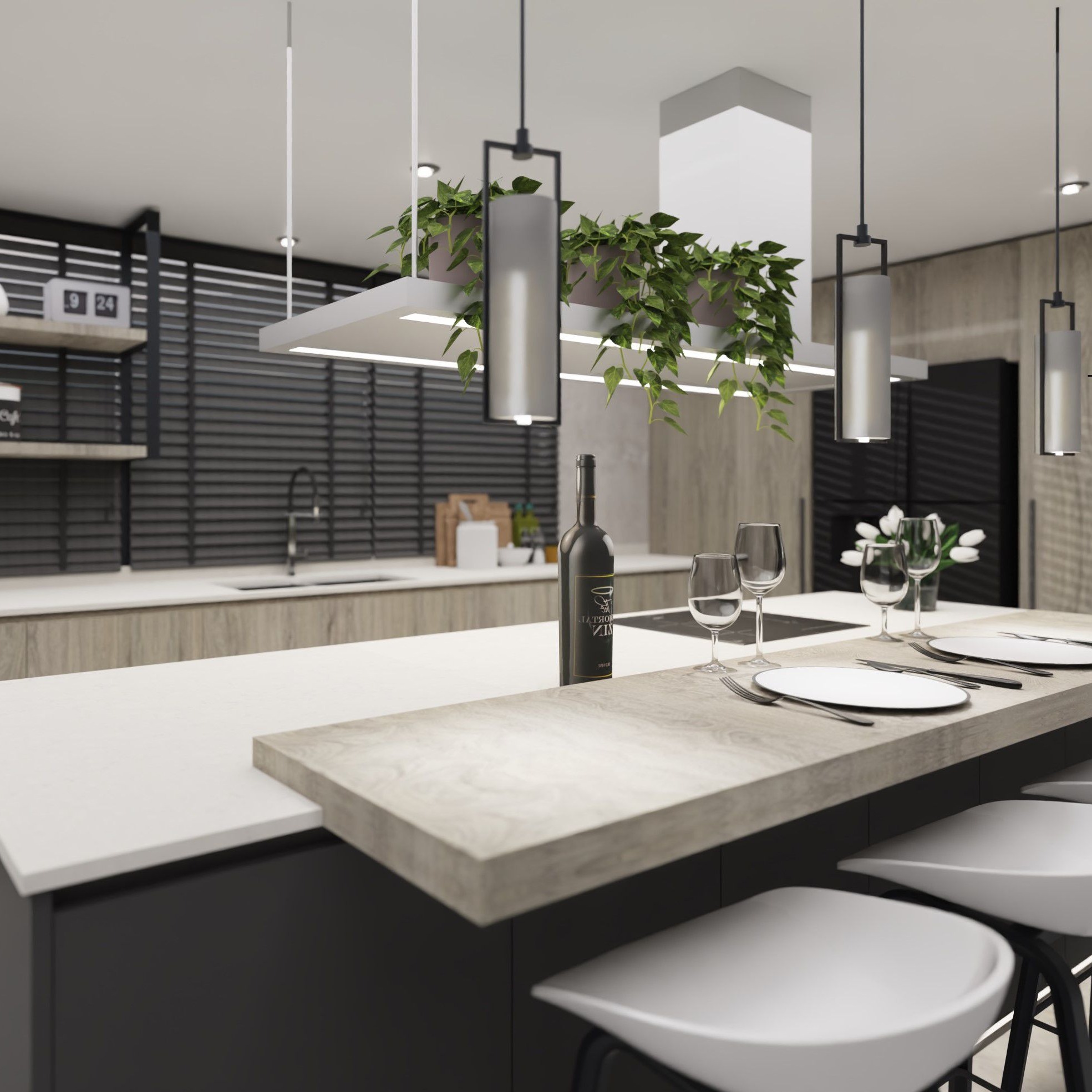 Nowoczesna kuchnia z wyspą, na której stoi butelka wina i nakryty stół z białymi talerzami i sztućcami. Nad wyspą wiszą lampy z roślinami, a w tle widoczny jest minimalistyczny wystrój z czarnymi...