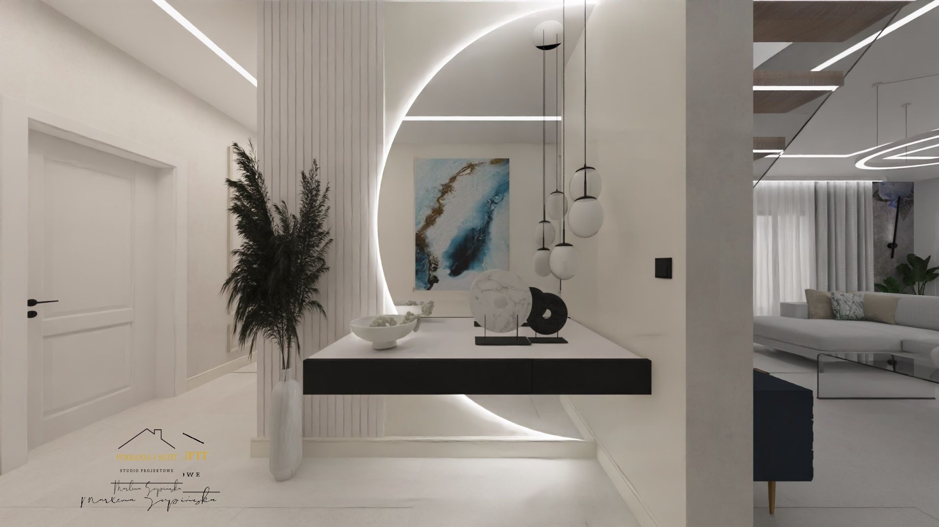 Nowoczesny przedpokój z białymi ścianami, minimalistyczną konsolą z czarnym blatem, okrągłym lustrem podświetlonym LED, dekoracyjną trawą w wazonie i widokiem na salon.