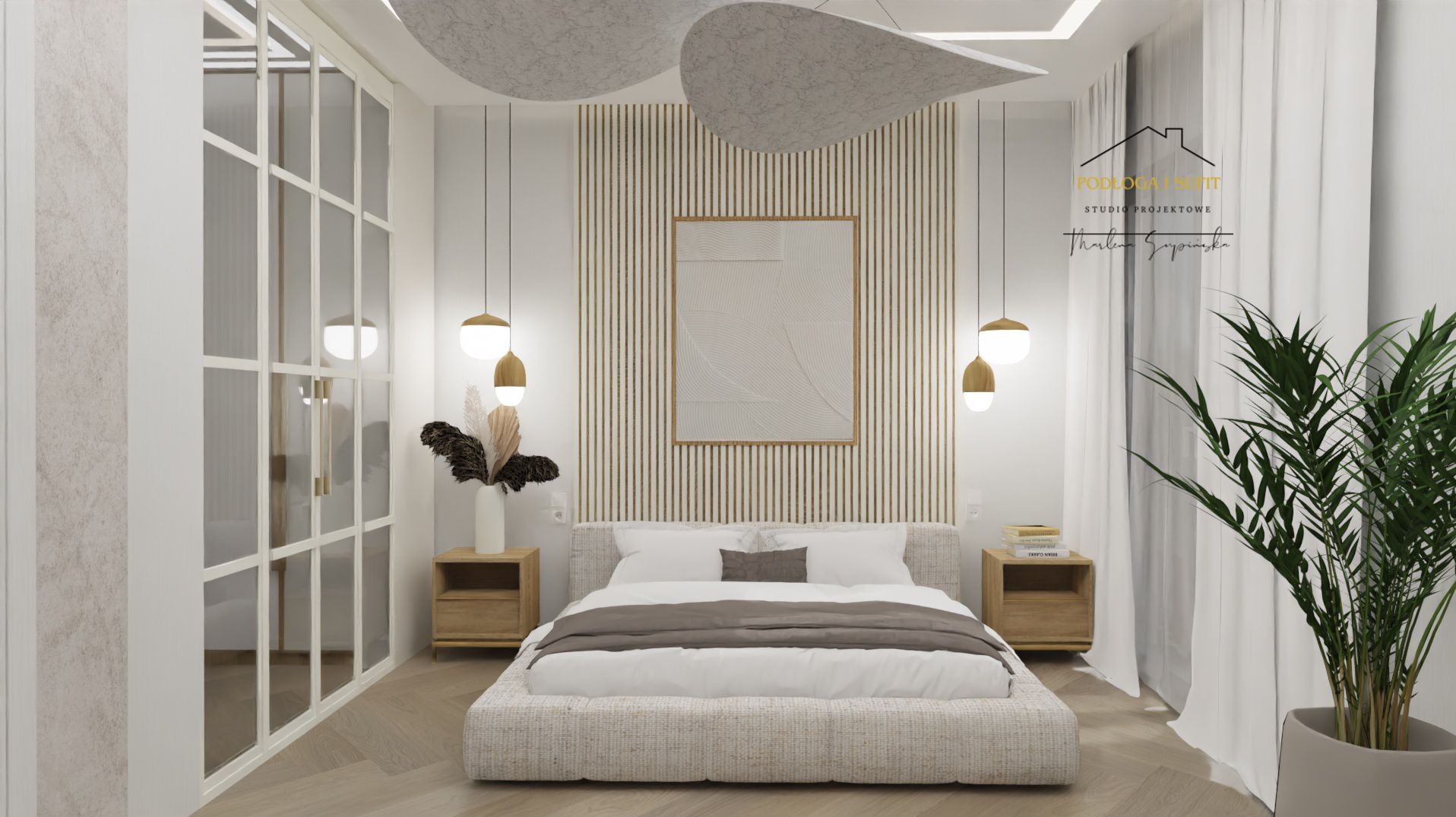 Wizualizacja sypialni w Kętrzynie z łóżkiem na platformie, drewnianymi szafkami nocnymi i dekoracyjną ścianą z pionowych listew. Nad łóżkiem wisi abstrakcyjny obraz, a nad nim designerskie lampy.