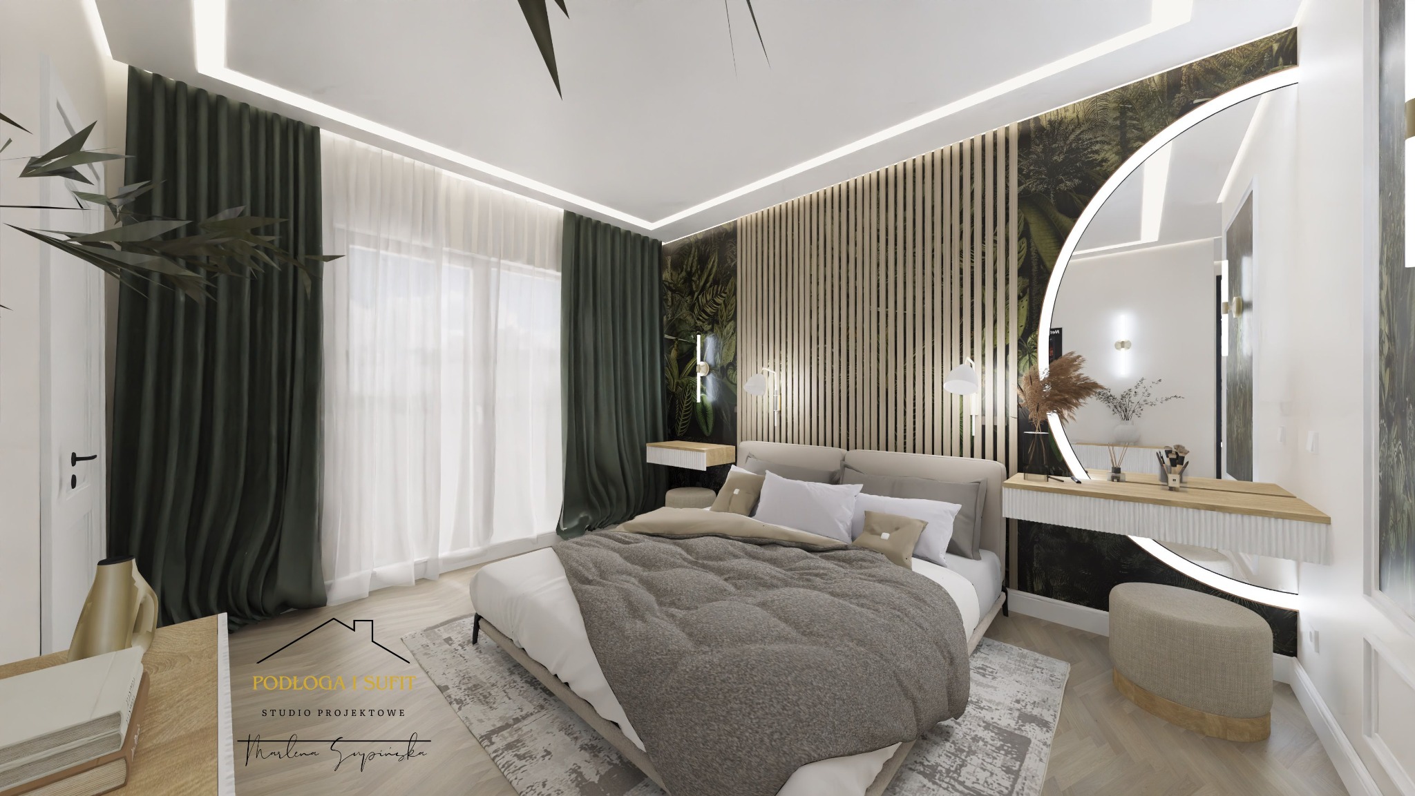 Nowoczesna sypialnia z łóżkiem małżeńskim, toaletką z okrągłym lustrem podświetlanym LED, drewnianymi lamelami na ścianie oraz zasłonami w kolorze butelkowej zieleni.