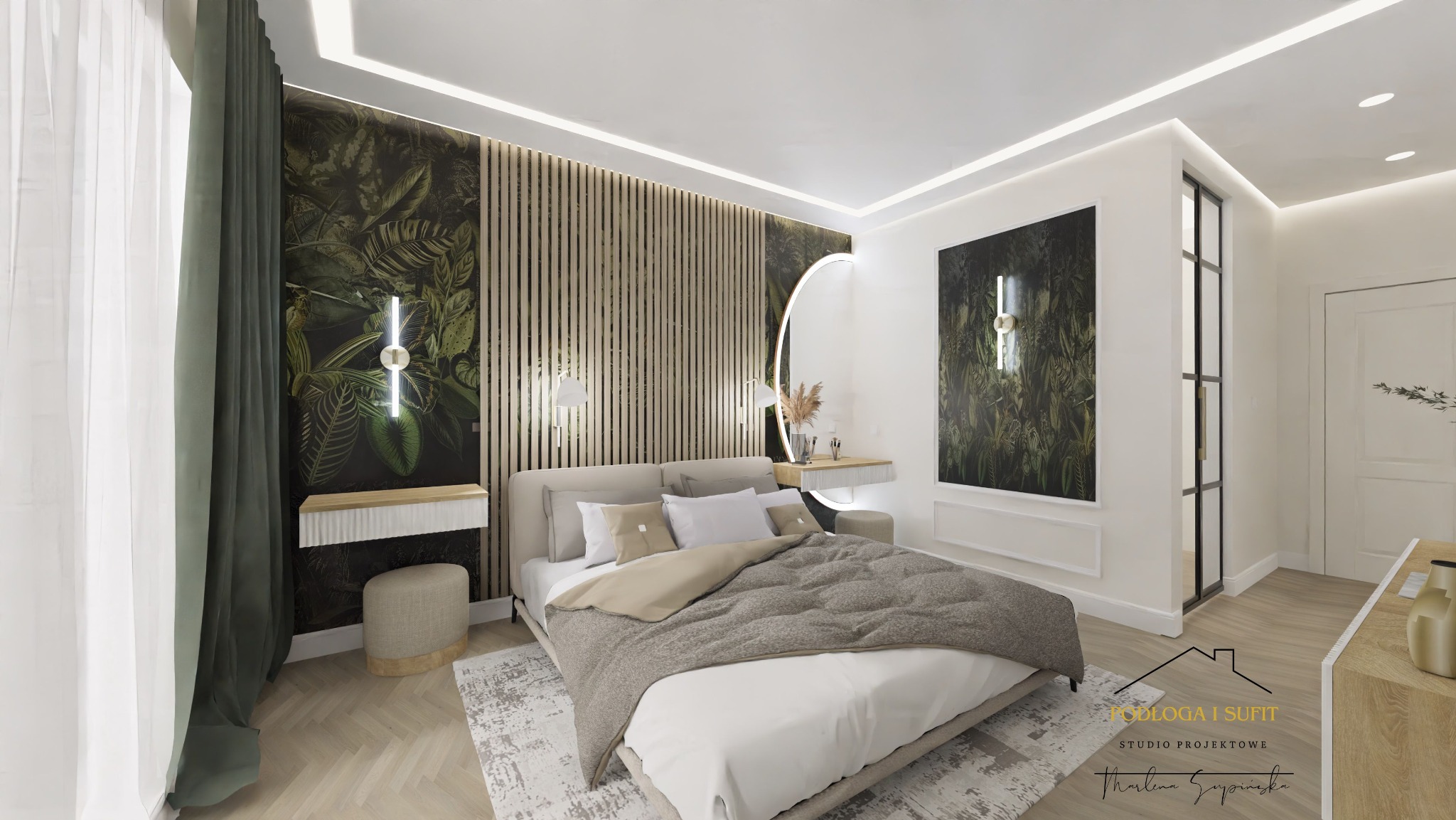 Nowoczesna sypialnia z łóżkiem typu king-size, tapetą w tropikalne liście, drewnianymi lamelami na ścianie i toaletką z podświetlanym lustrem, oświetlona listwami LED.