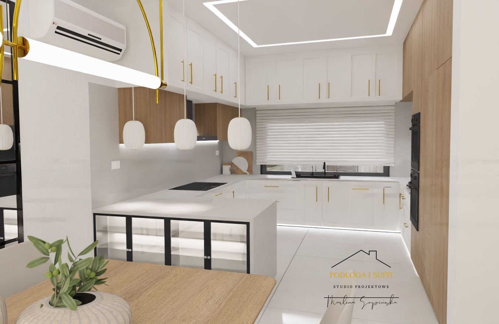 Wizualizacja nowoczesnej kuchni z białymi szafkami, złotymi uchwytami i drewnianymi elementami, oświetlona wiszącymi lampami i listwami LED, z wyspą kuchenną z przeszklonymi frontami i rośliną...