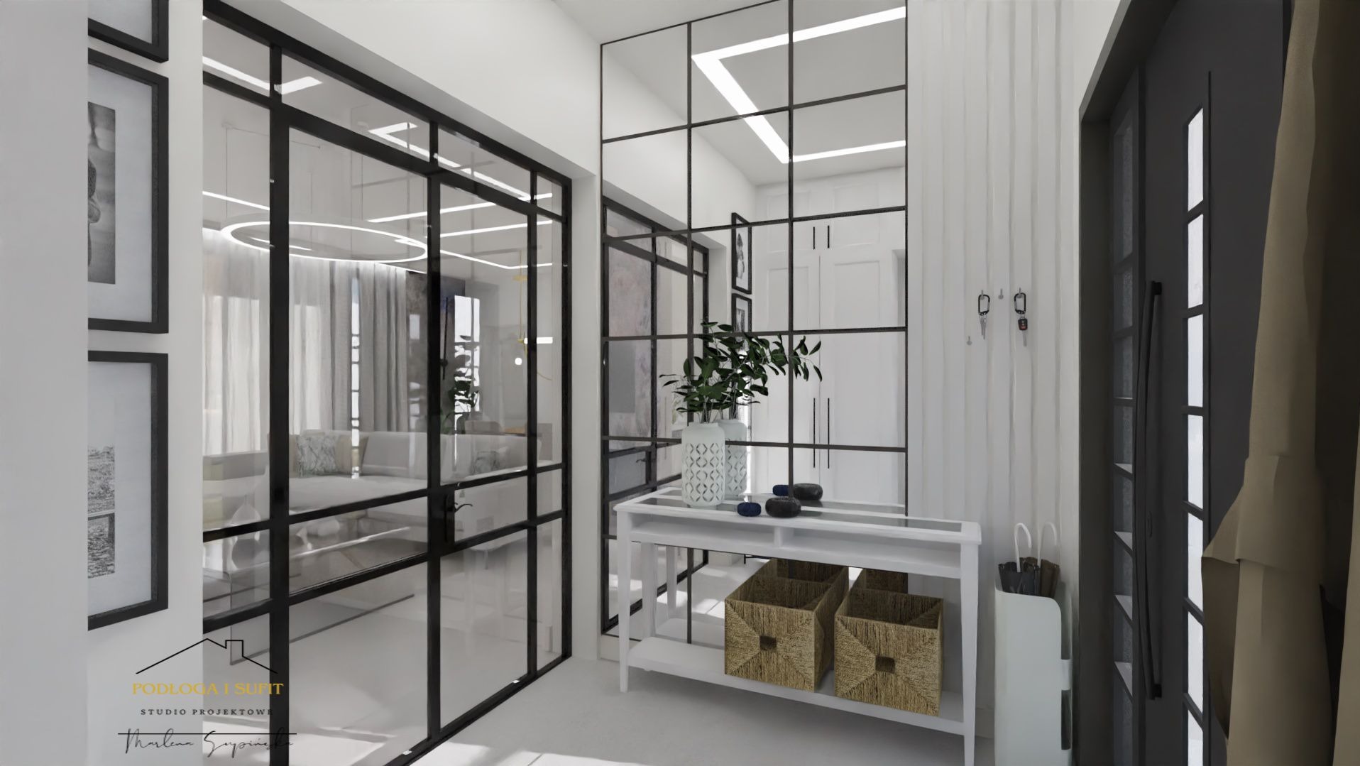 Nowoczesny przedpokój z przeszklonymi ścianami w czarnych ramach, białą konsolą z dekoracjami, wazonem z rośliną i koszami z wikliny, widok na salon w tle.
