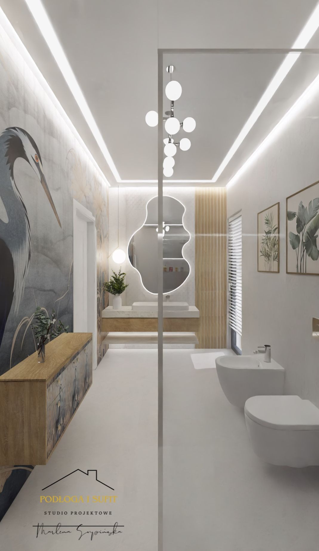 Nowoczesna łazienka z podświetlanym lustrem o nieregularnym kształcie, tapetą z motywem żurawia i drewnianą szafką, oświetlona listwami LED.