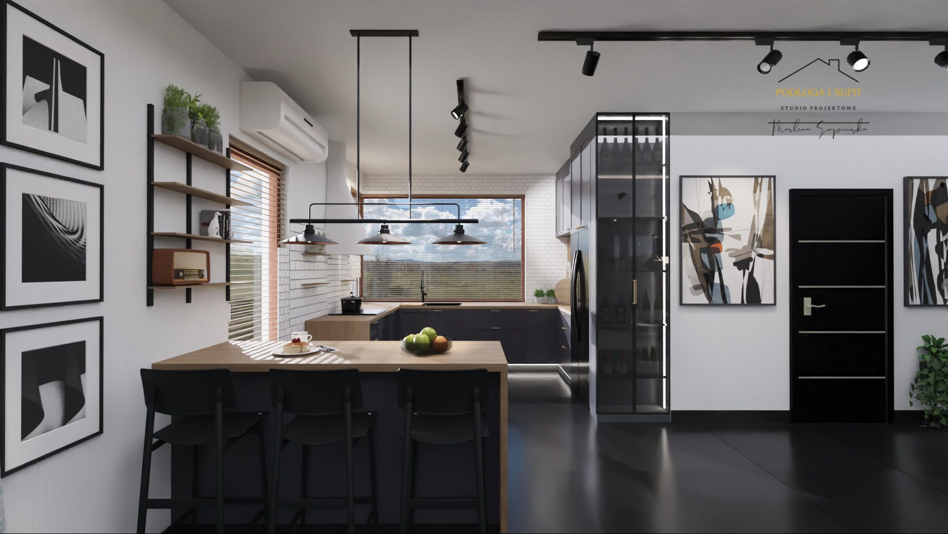 Wizualizacja nowoczesnej kuchni z wyspą, czarnymi szafkami i podłogą, oświetleniem punktowym i wiszącymi lampami nad wyspą, z widokiem na krajobraz za oknem i minimalistycznymi obrazami na ścianie.
